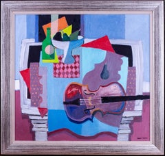British, mid 20th Century abstract still life in blues and red by David Martin