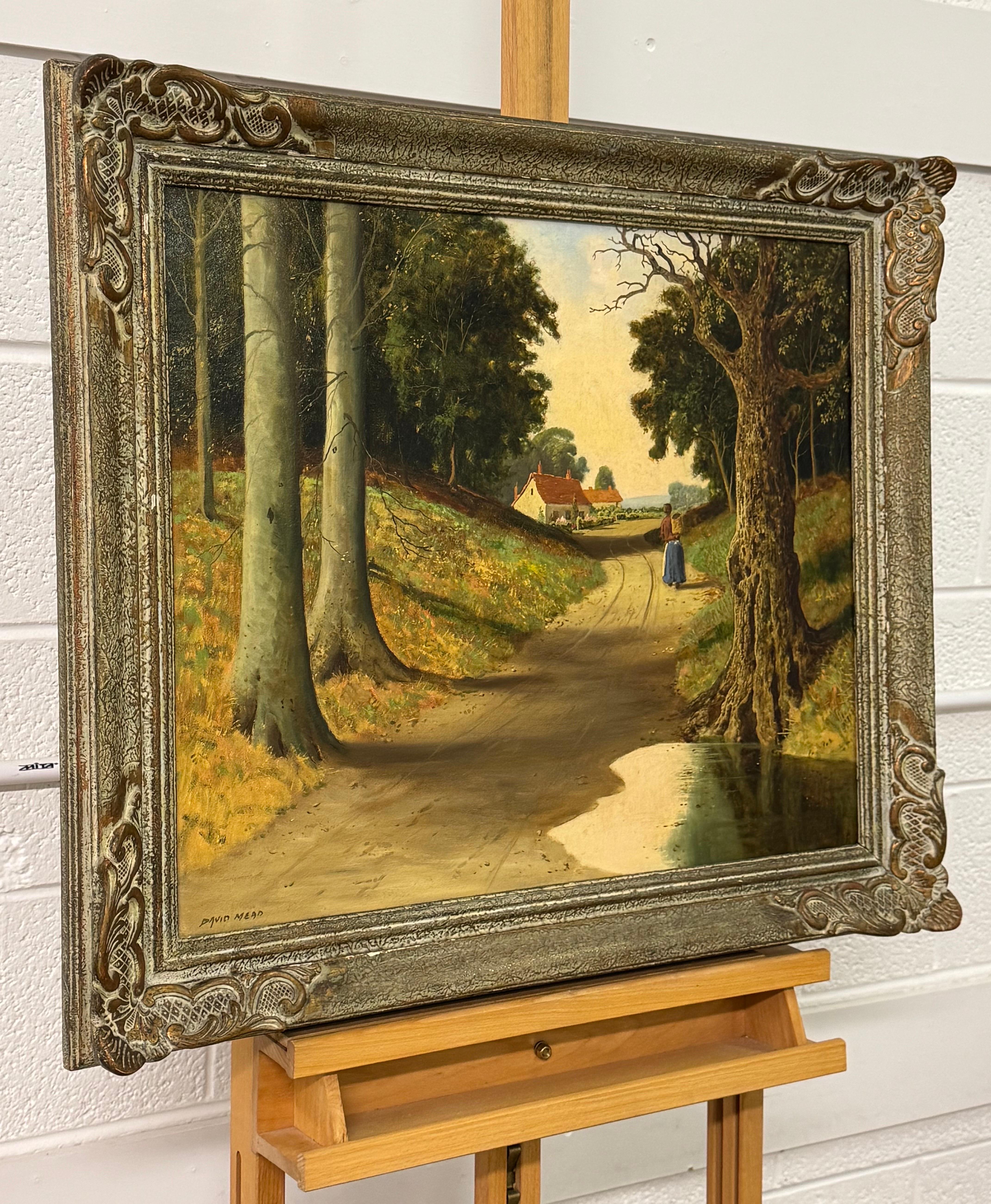 Donna nel Wood che cammina tra gli alberi verso un cottage nella campagna inglese - Painting di David Mead