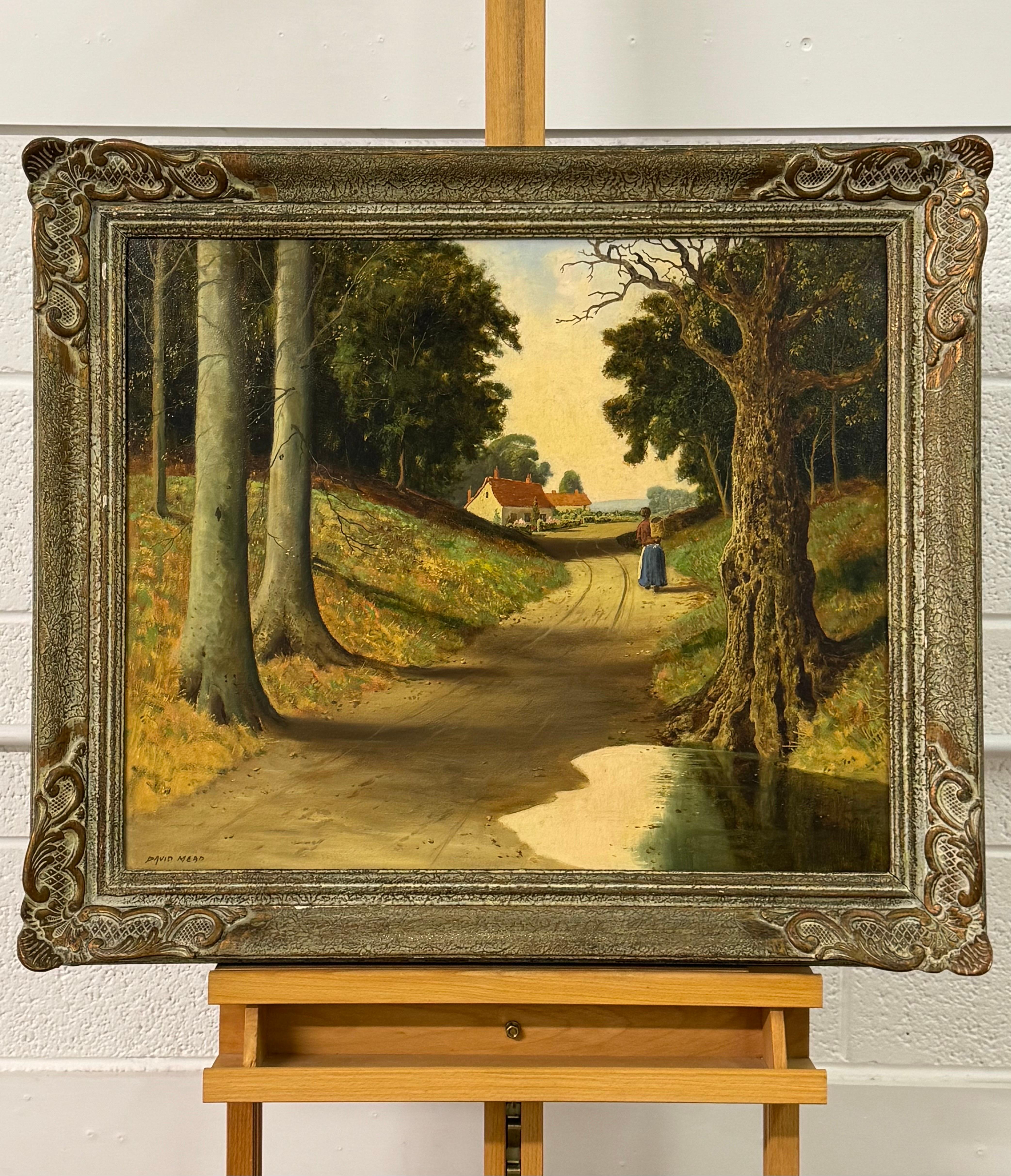 Donna nel Wood che cammina tra gli alberi verso un cottage nella campagna inglese - Painting Scuola inglese di David Mead
