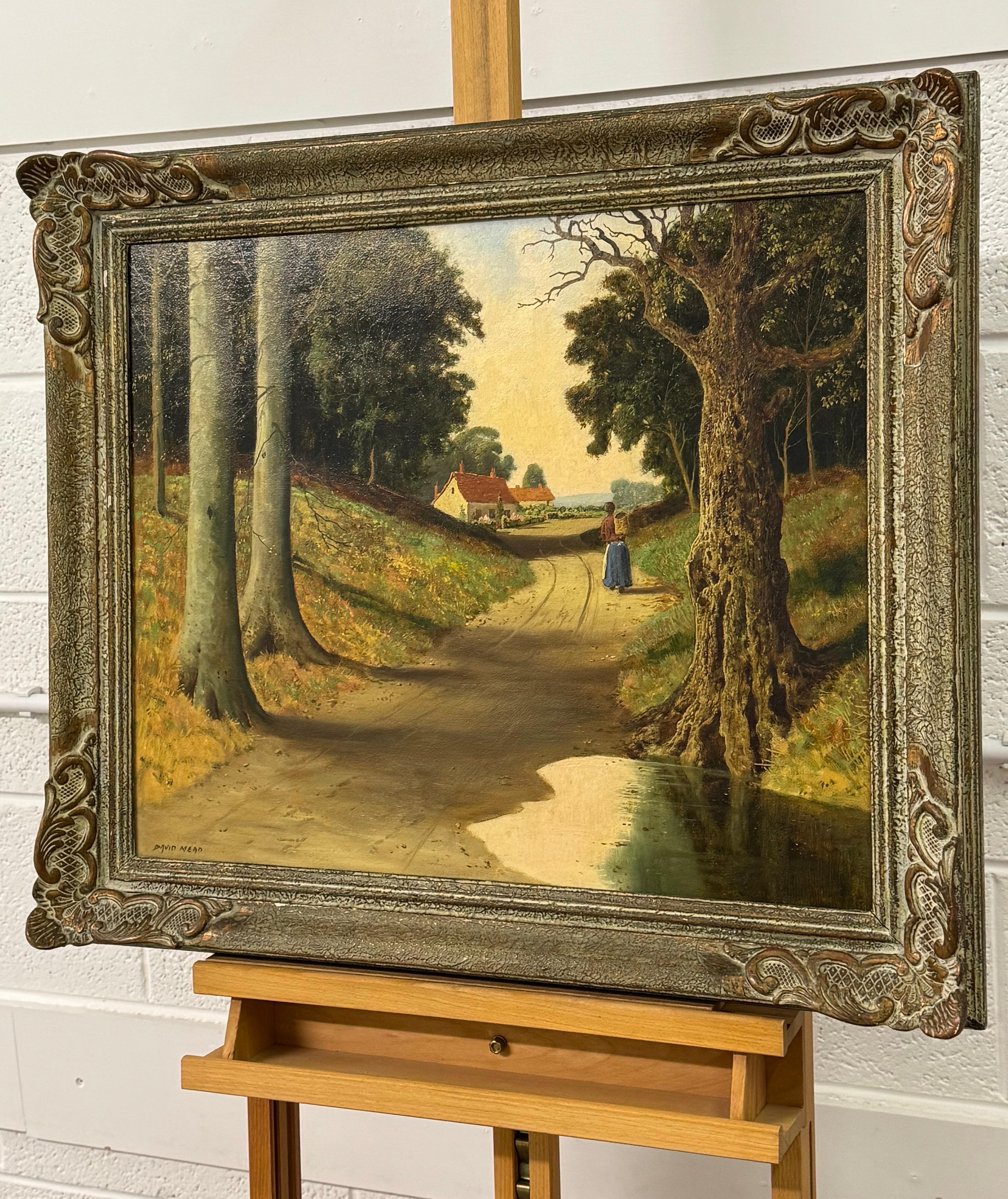 Donna nel Wood che cammina tra gli alberi verso un cottage nella campagna inglese - Figurative Painting Marrone di David Mead
