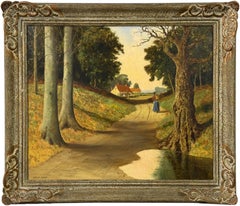 Donna nel Wood che cammina tra gli alberi verso un cottage nella campagna inglese