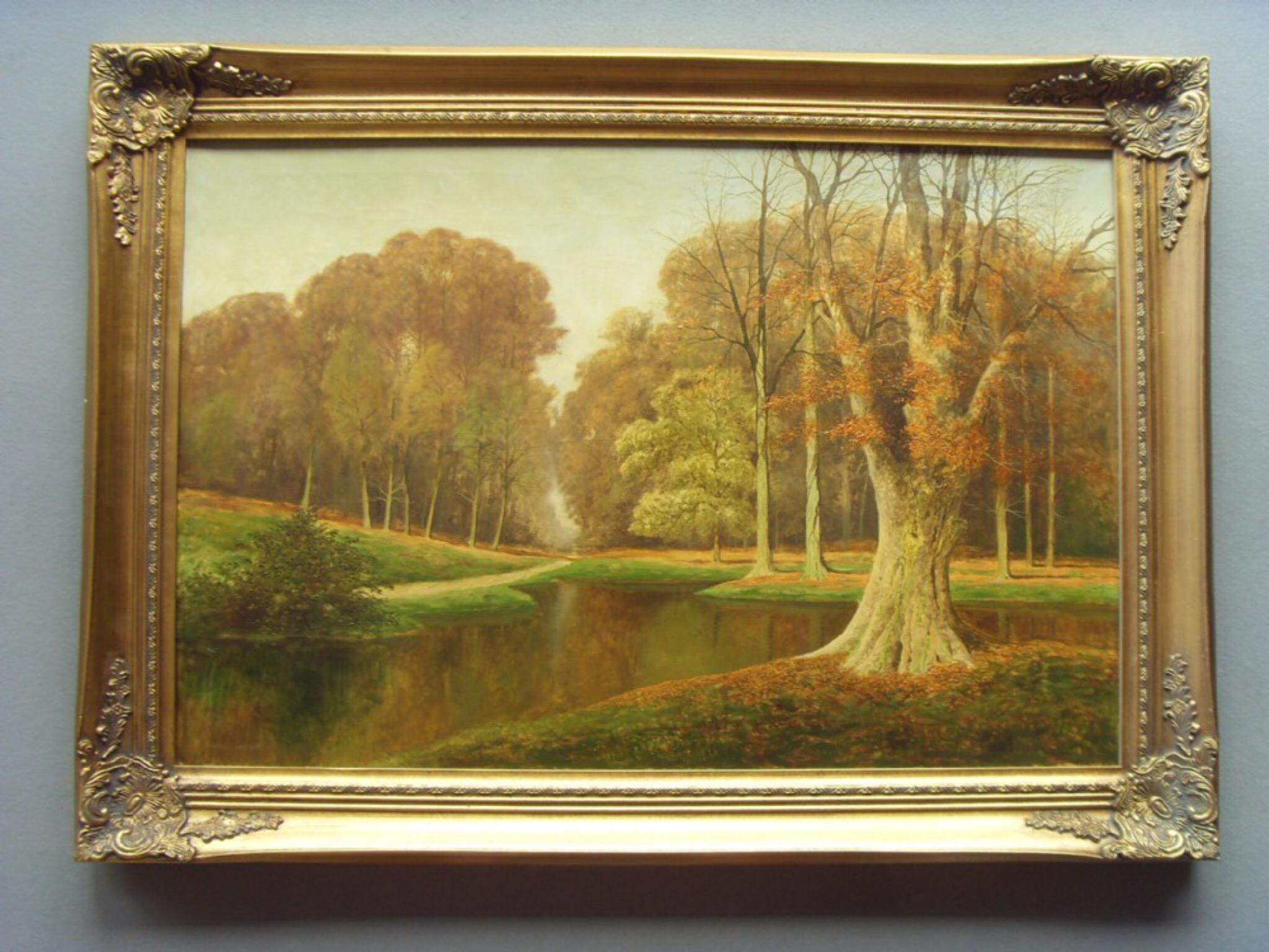 This is a fine large scale oil painting on canvas by the Kentish artist David Mead. 

The painting depicts a lavish green and brown autumnal view, with the majority of the trees wearing their autumn leaves, with a majestic oak in the right