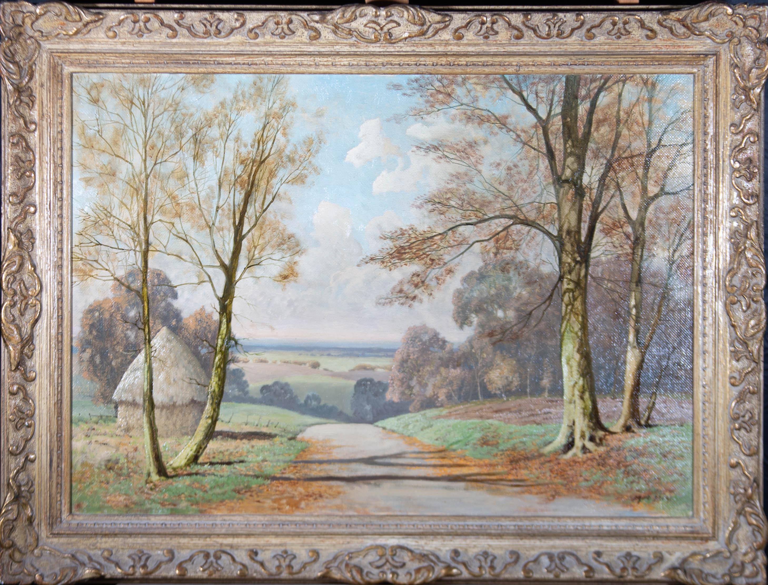 A beautiful oil landscape showing a sunny, late Autumn afternoon view of the rolling hills and woods of England. The artist has captured the golden sunlight and the long shadows of the trees wonderful.

The artist has signed to the lower right hand
