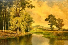 Huge British Oil Painting Golden River Landscape with Rising Hills, framed
