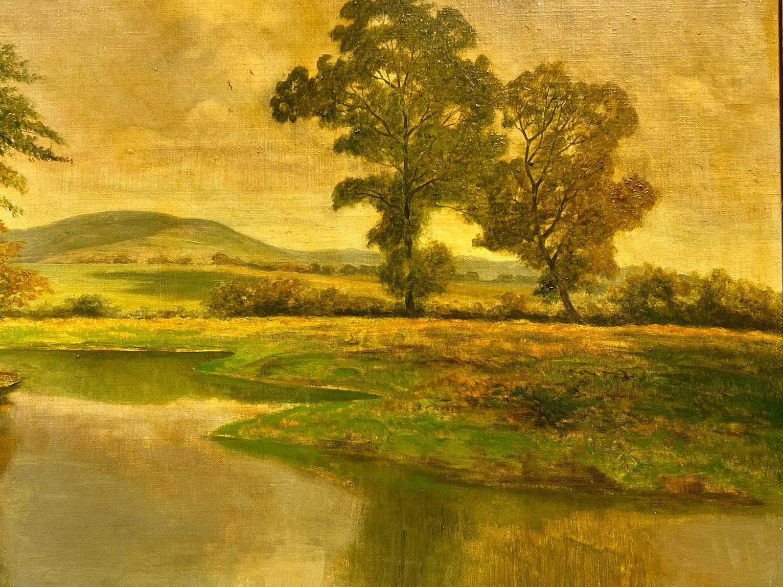 Huge British Oil Painting Golden River Landscape with Rising Hills, framed For Sale 2