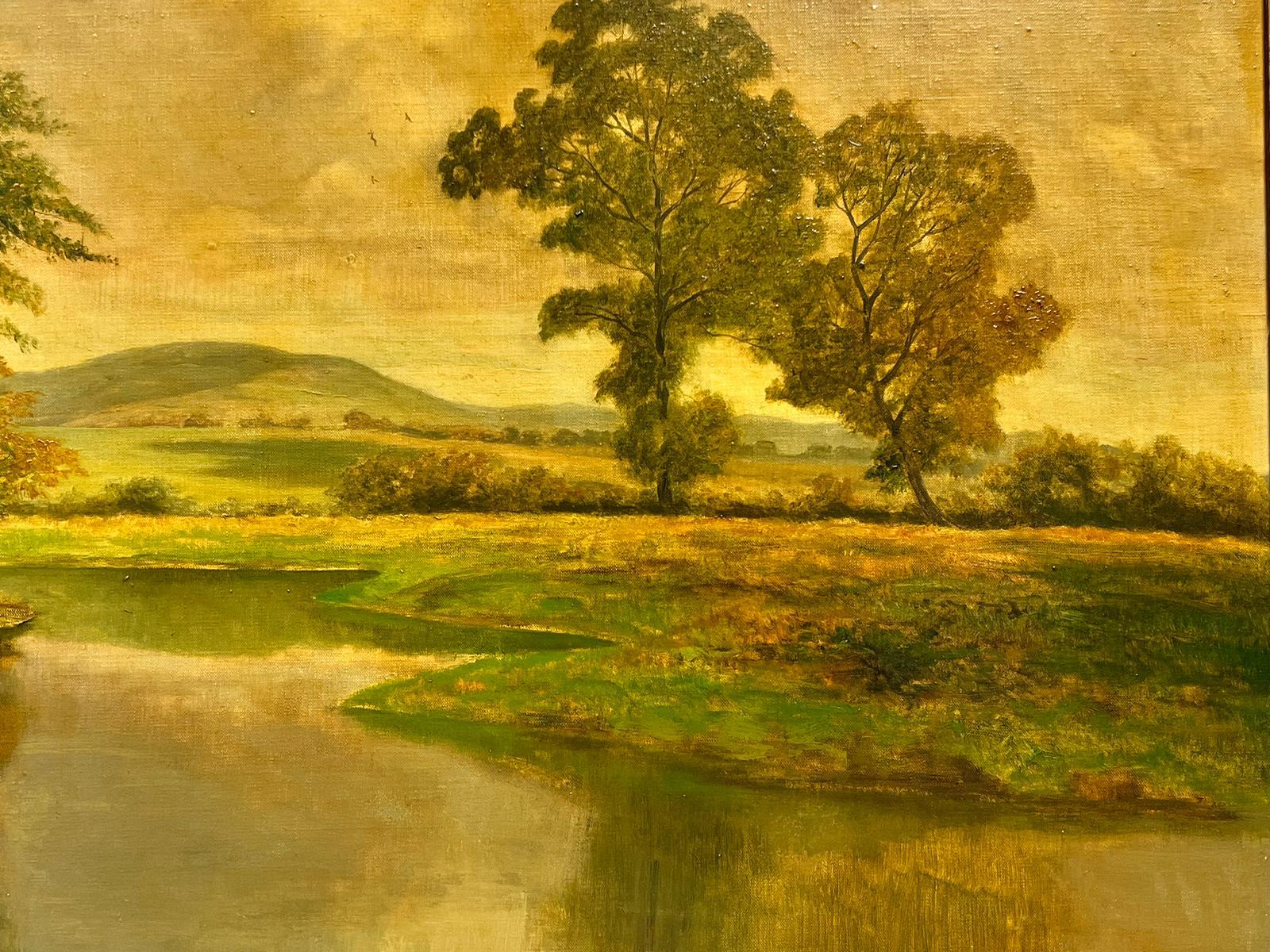 A. David Mead (britannico, 1906-1986)
Un'ampia vista sul fiume
olio su tela
incorniciato: 28 x 40 pollici
tela: 24 x 36 pollici
collezione privata, Inghilterra
etichetta della galleria sul retro
il dipinto è in condizioni generali molto buone e