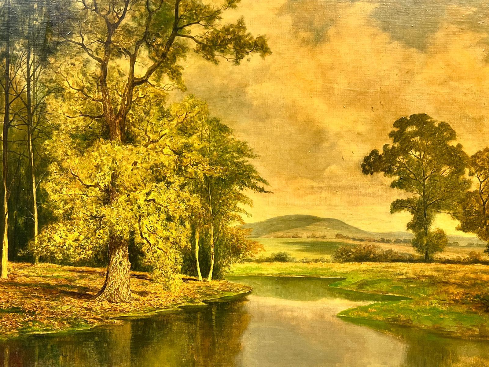 Huge British Oil Painting Golden River Landscape with Rising Hills, framed For Sale 4