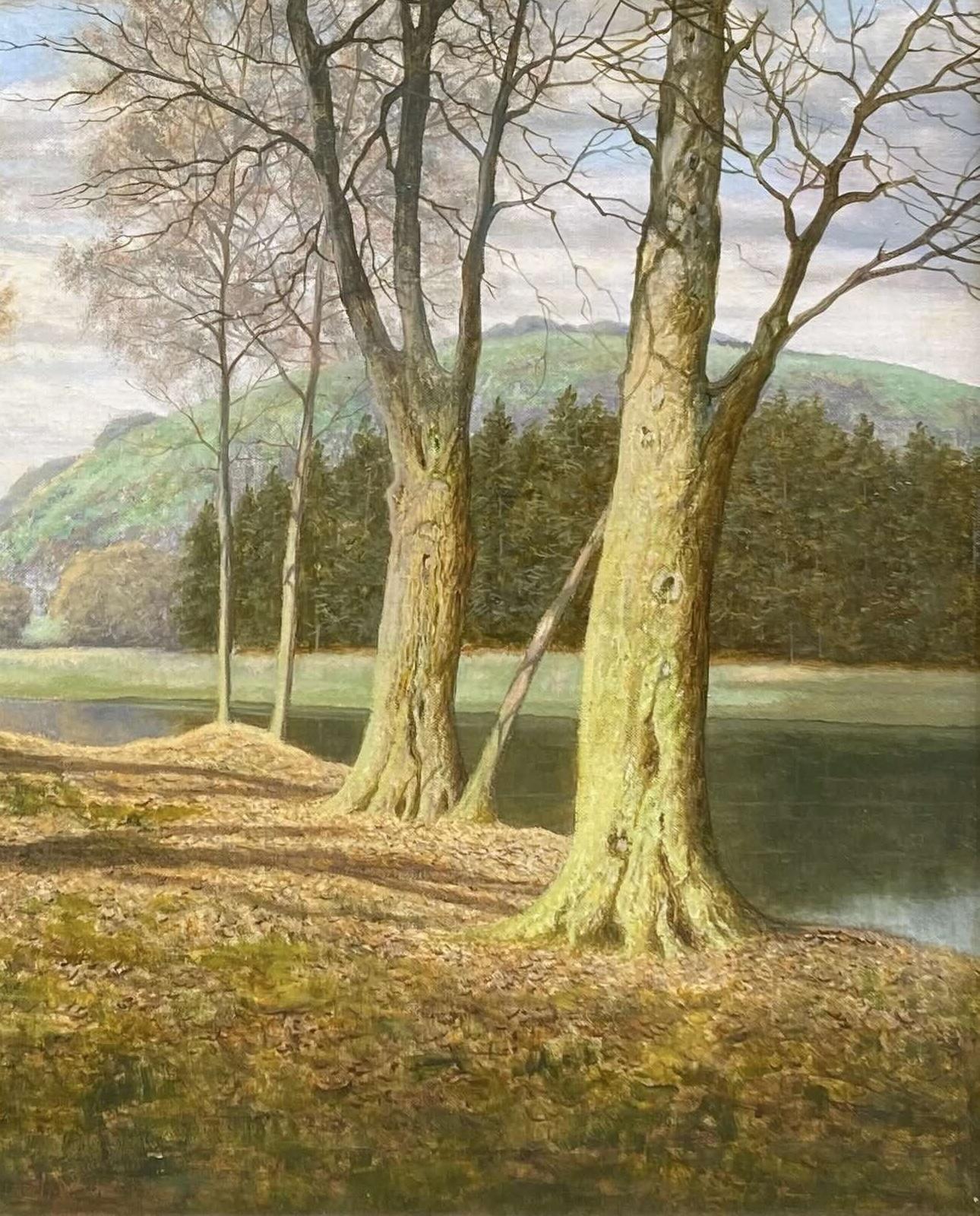 Wunderschöne Landschaft des britischen Malers David Mead. Halten Sie die ruhige surrealistische Natur, die auch in den Werken der britischen Künstler Tristram Hillier und Algernon Newton zu finden ist. 

In sehr gutem Zustand. Gerahmt und zum