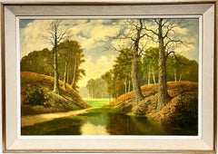 Very Large British Signed Oil Painting Copper Autumn Woodland Pond Landscape