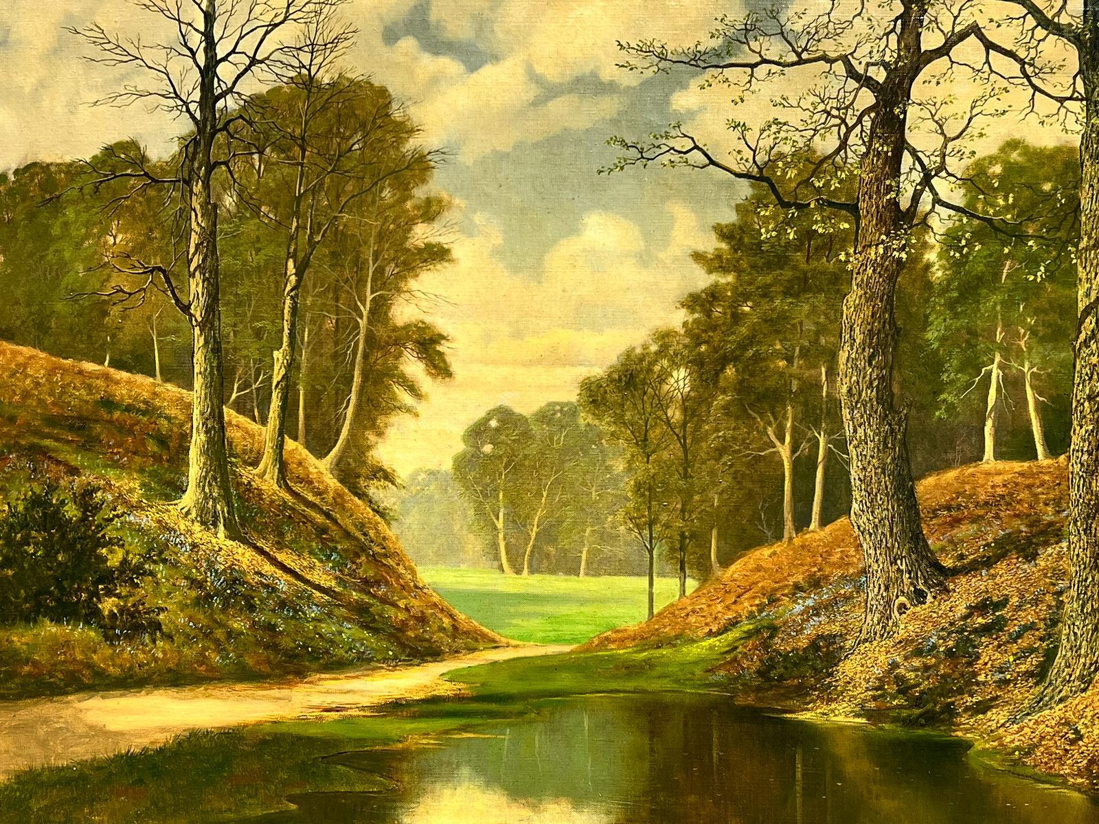 Très grande peinture à l'huile britannique, cuivre, paysage de forêt d'automne et d'étang en vente 1