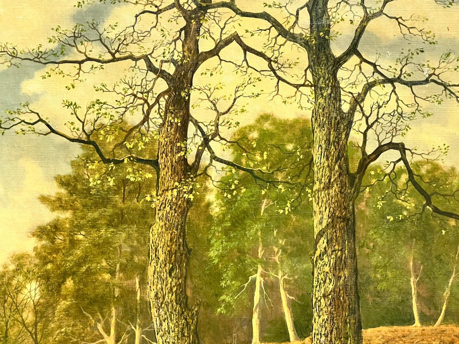 Très grande peinture à l'huile britannique, cuivre, paysage de forêt d'automne et d'étang en vente 2