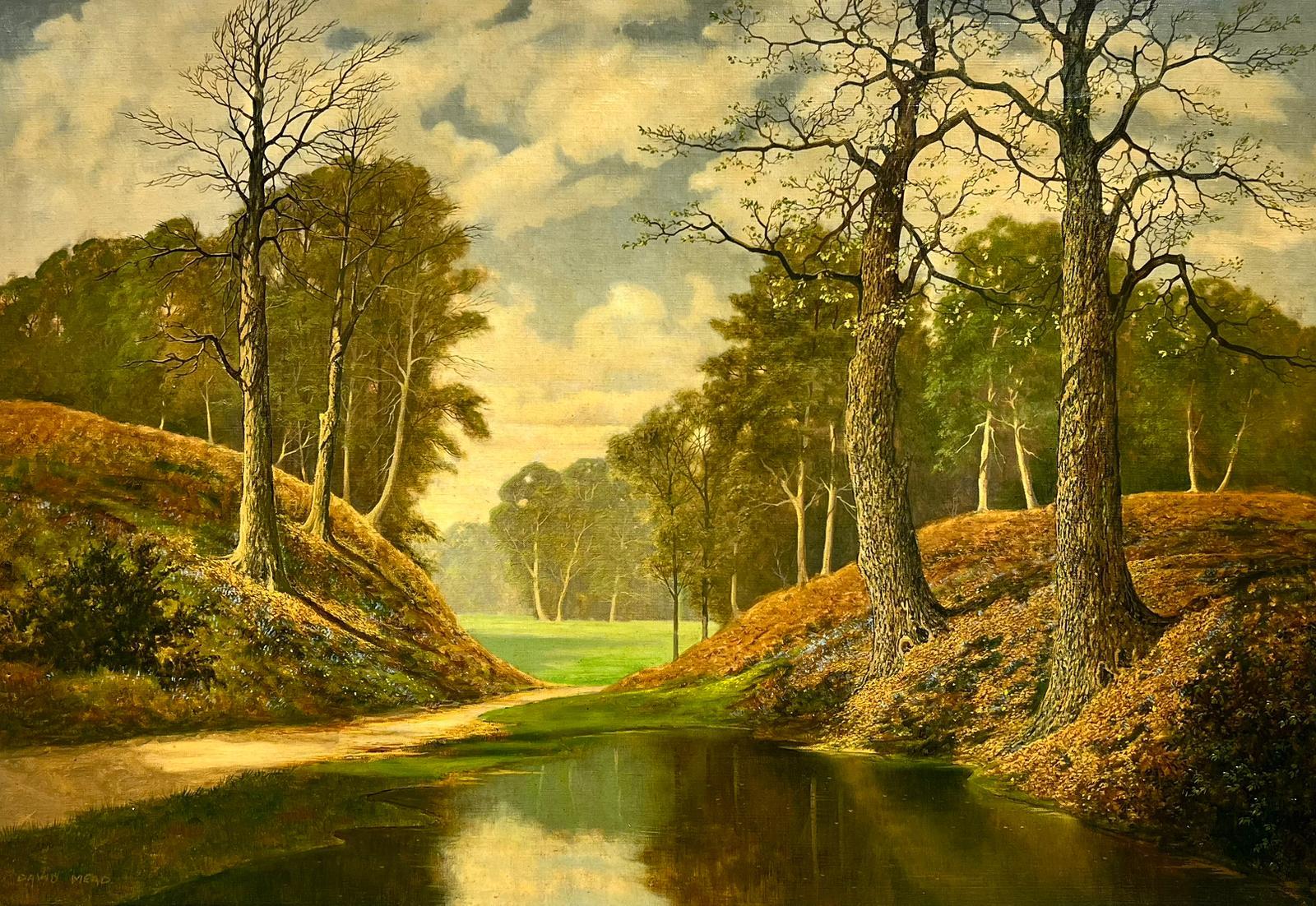 Landscape Painting David Mead - Très grande peinture à l'huile britannique, cuivre, paysage de forêt d'automne et d'étang