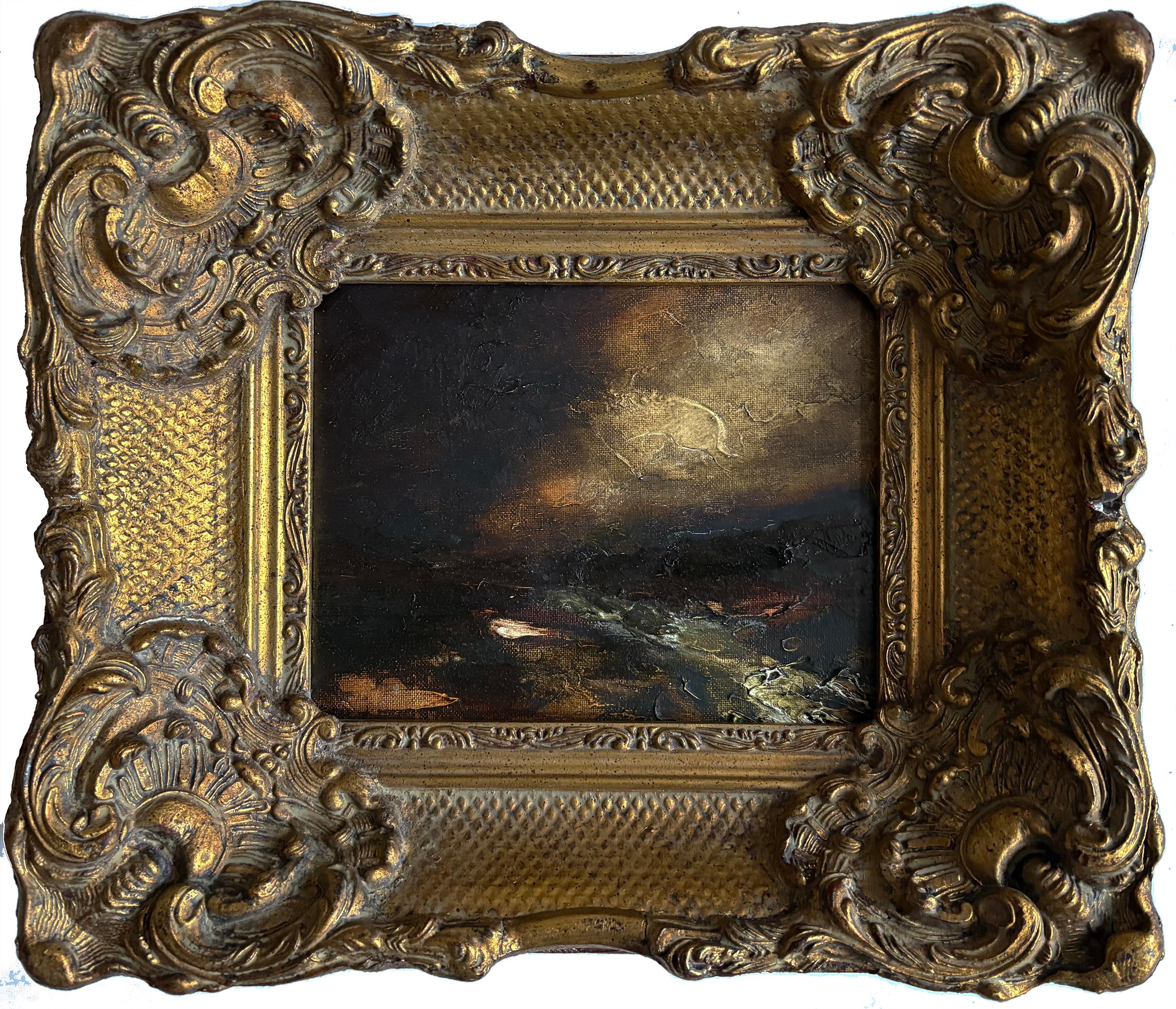 David Meeking Landscape Painting - Clouds framed in gold traditional swept frame oil painting 21st century