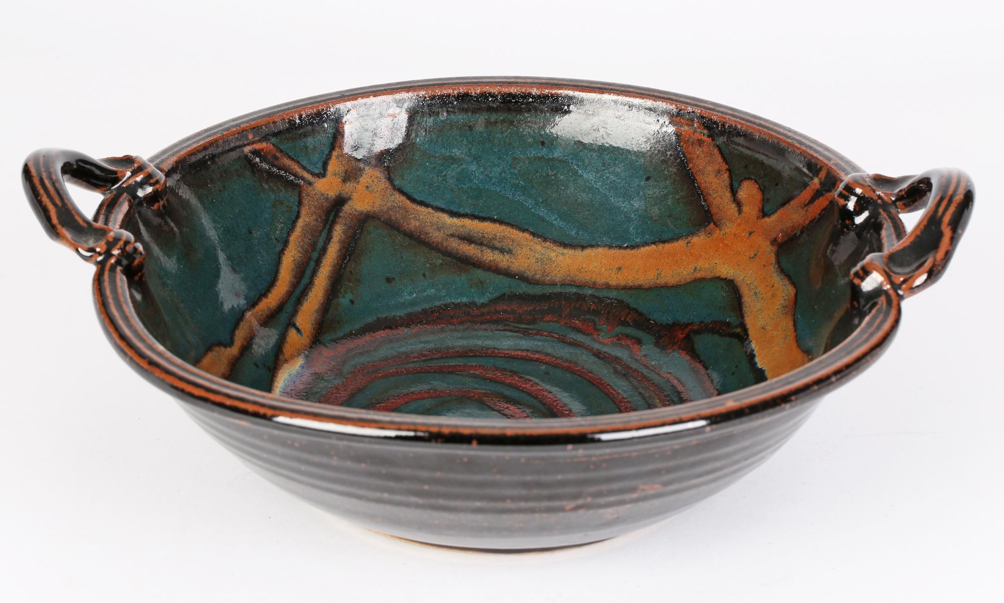 20th Century David Melville Large Twin Handled Abstract Patterned Studio Pottery Bowl
