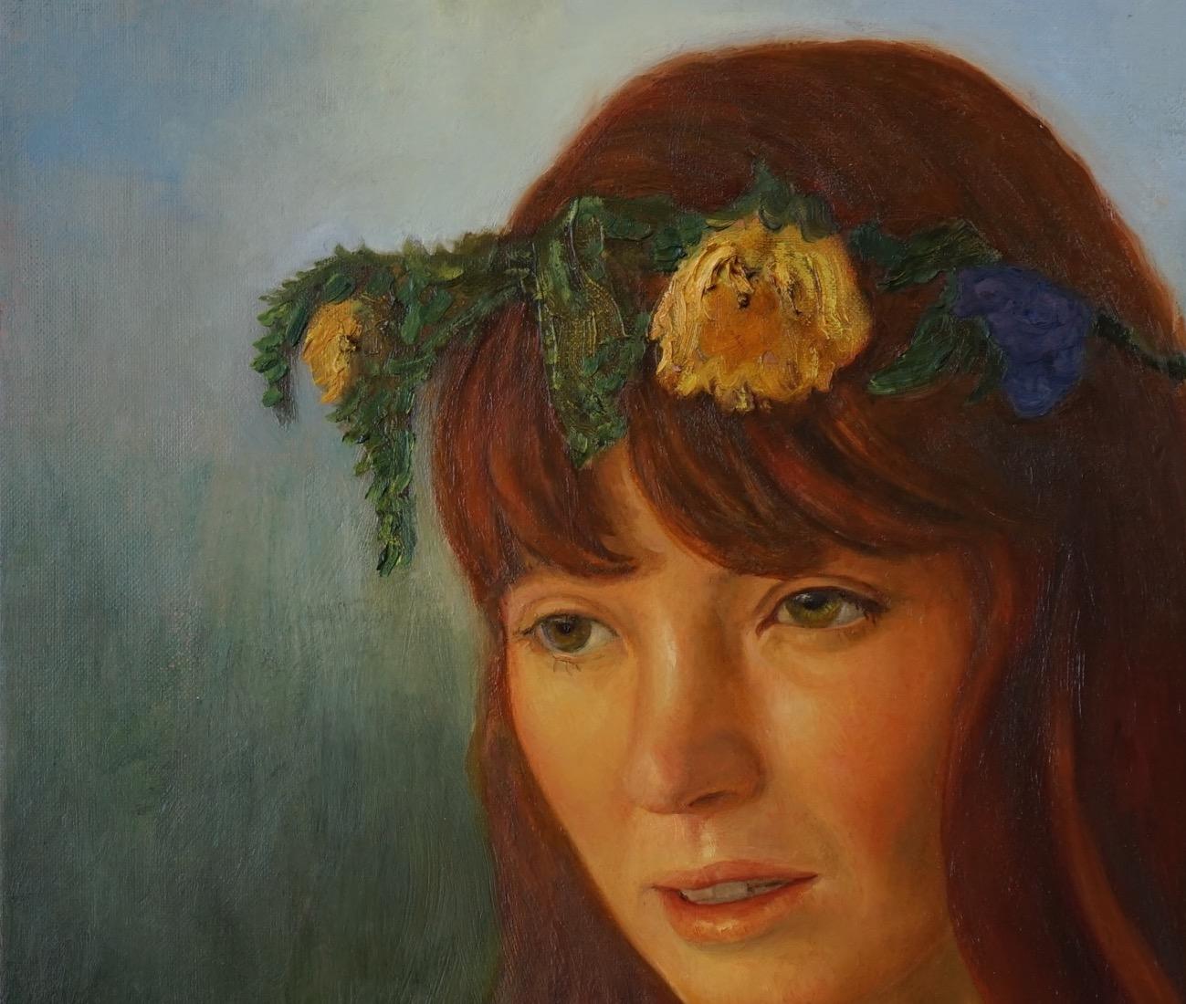 FLOWER CROWN - woman wearing flower wreath - oil on linen - Painting by David Molesky