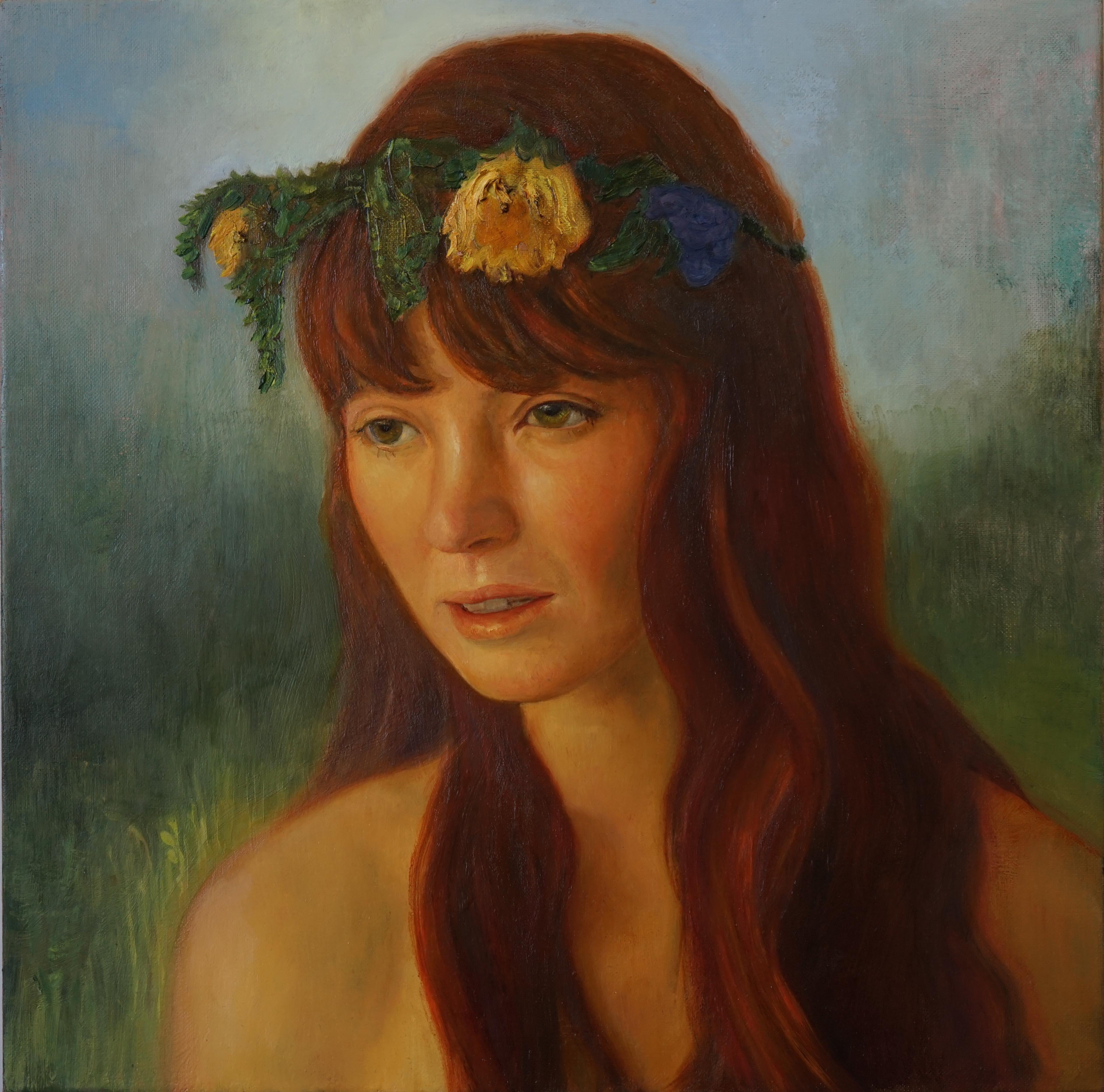 David Molesky Figurative Painting - FLOWER CROWN - woman wearing flower wreath - oil on linen