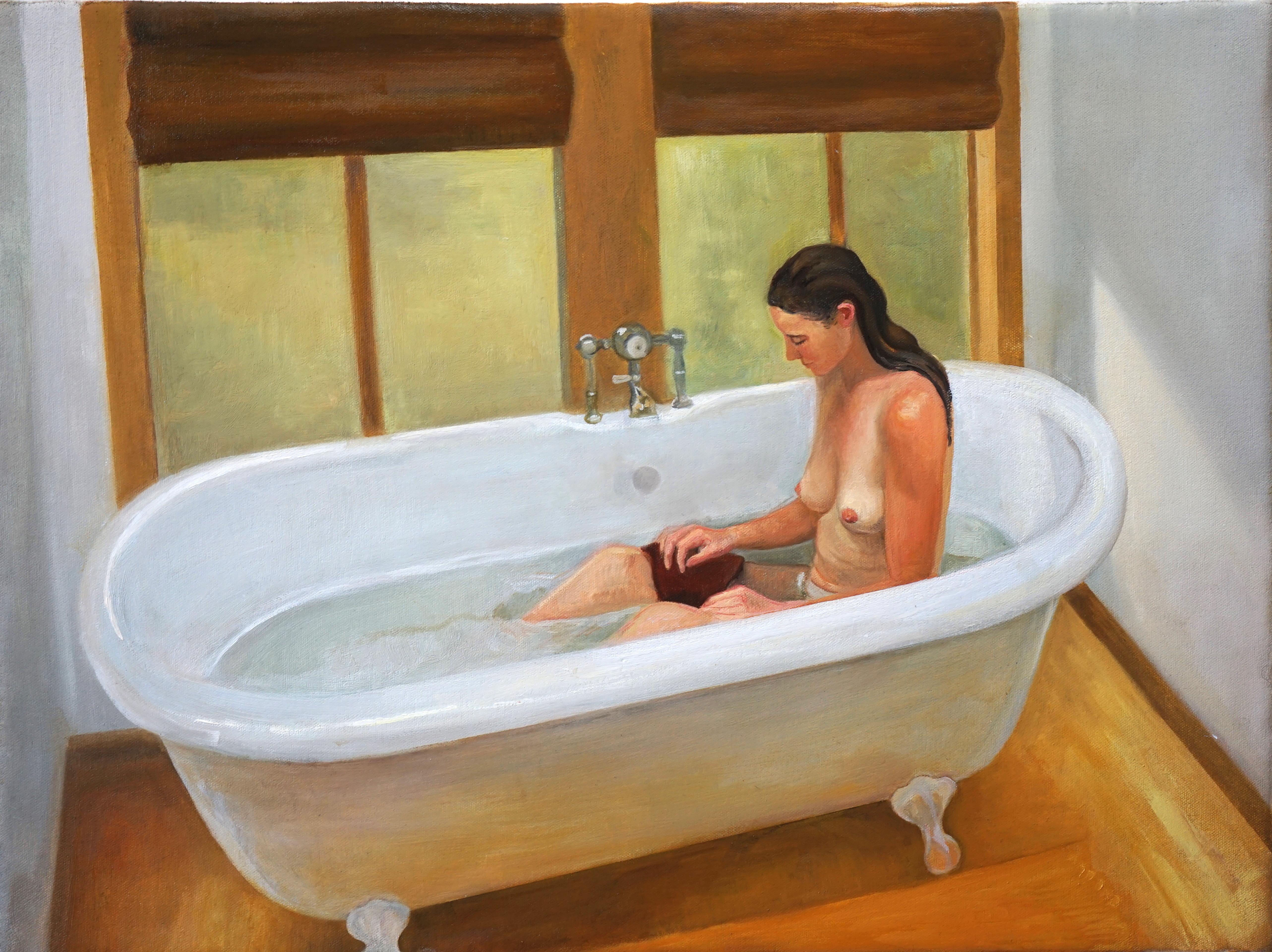 David Molesky Figurative Painting - Phoenician Bath - young woman bathing - oil on canvas