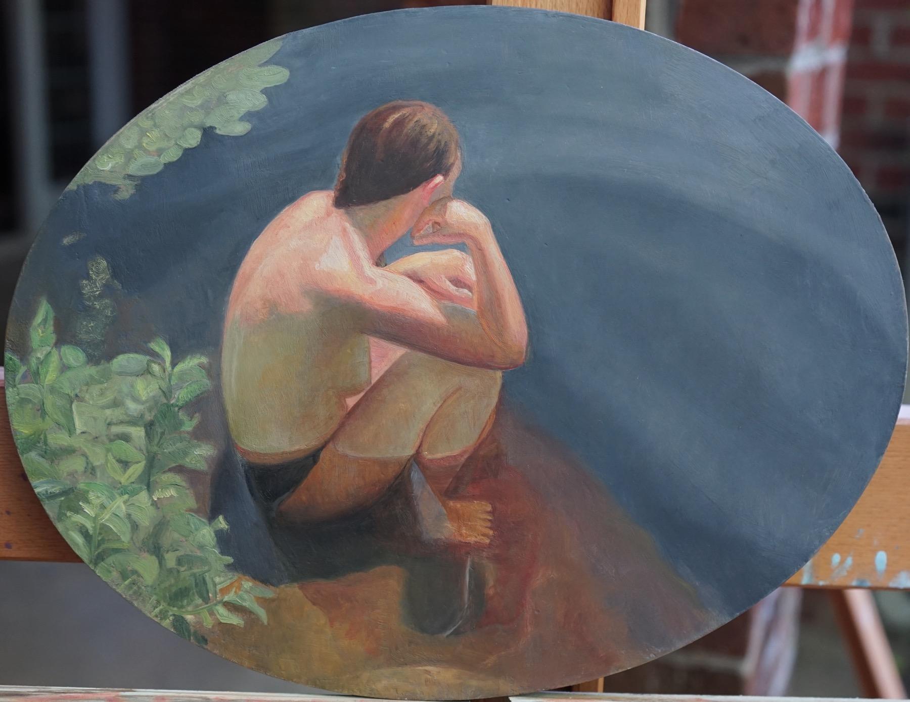 Reading the Ripples - small oval painting - Painting by David Molesky