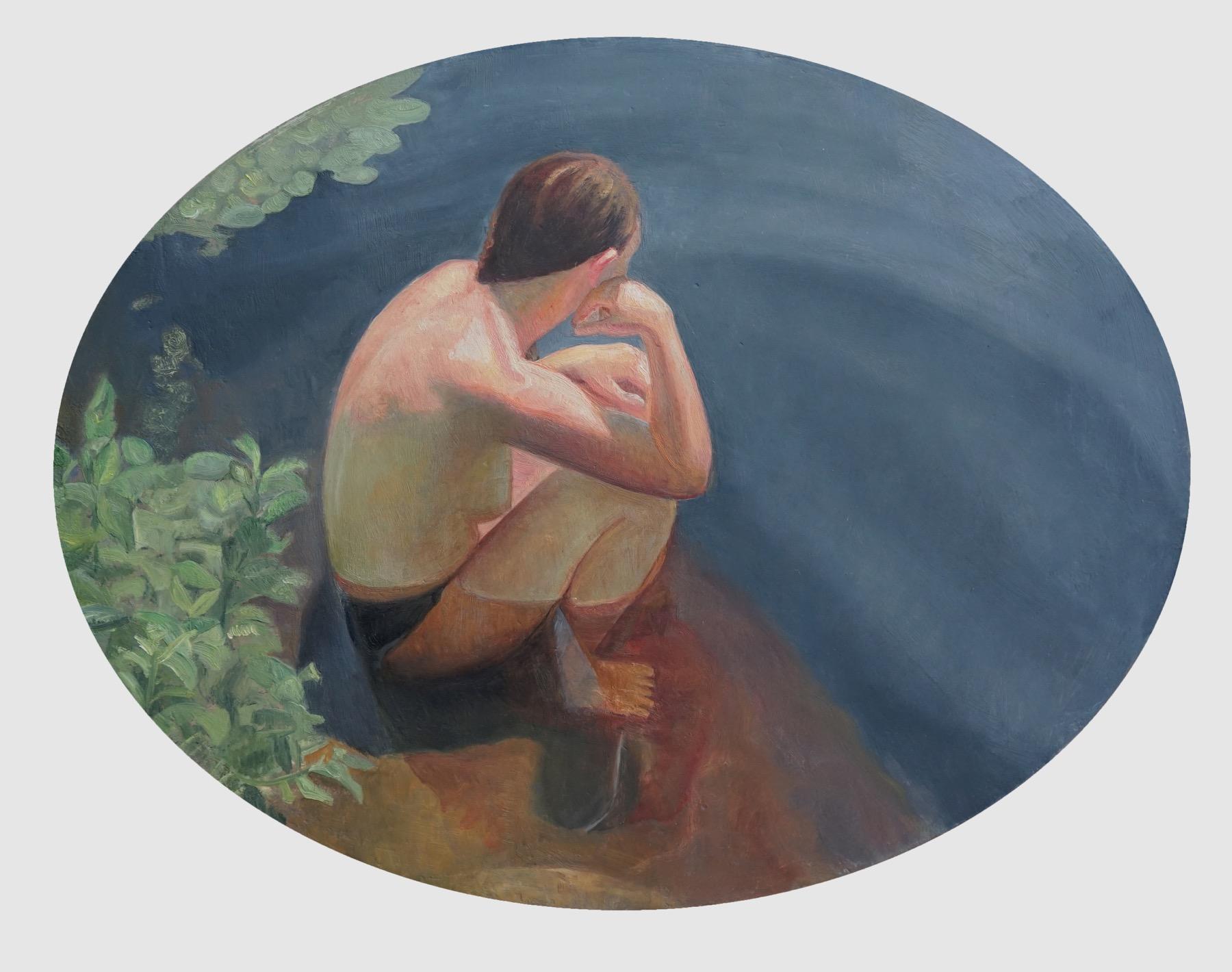 David Molesky Nude Painting - Reading the Ripples - small oval painting