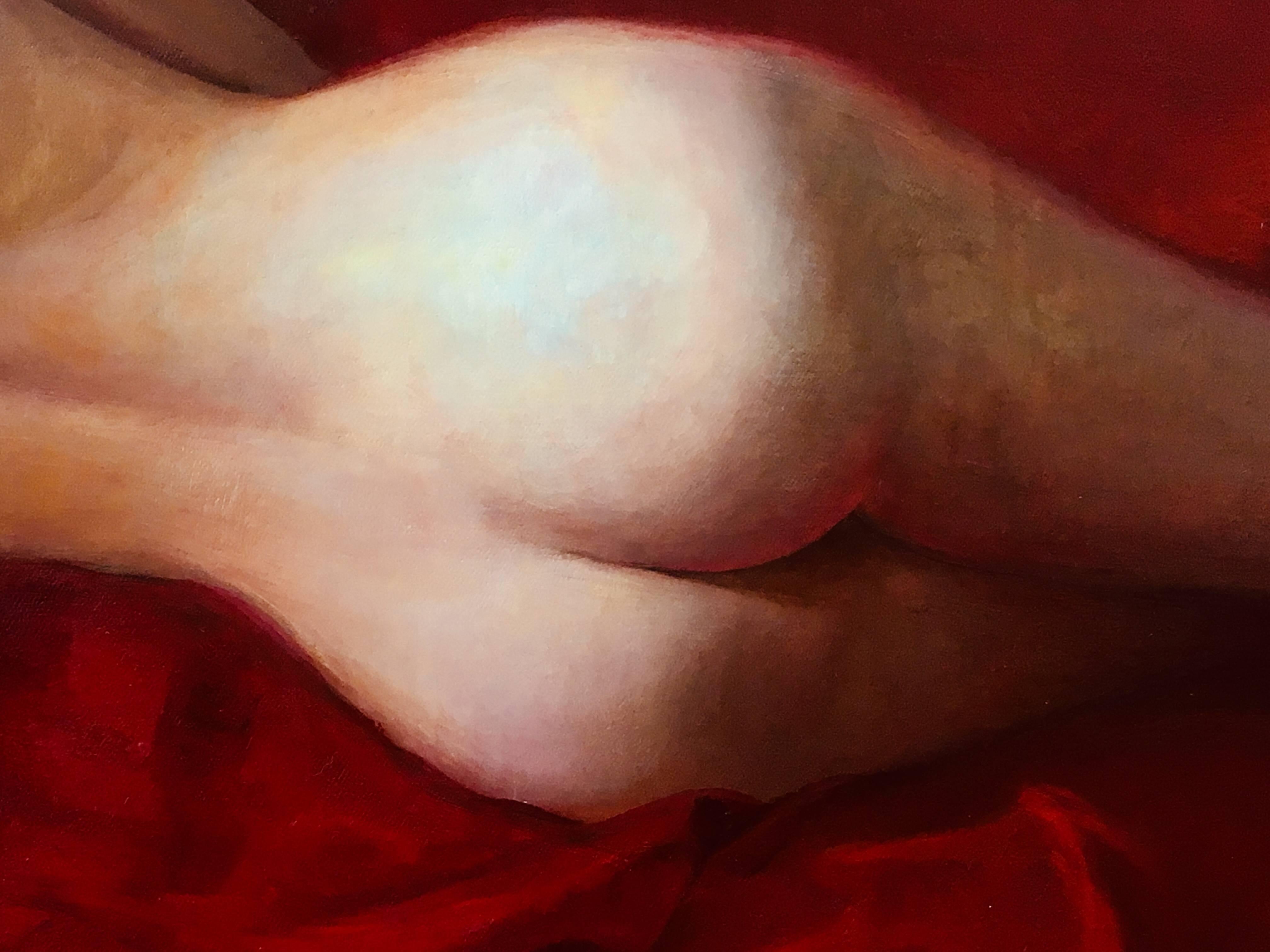 Striking dramatic female nude on a red sheet, from David Molesky who is an internationally recognized fine artist based in New York City known for his landscapes and figurative works. Red Lounge is part of the artist's Scout series. 

Molelsky has
