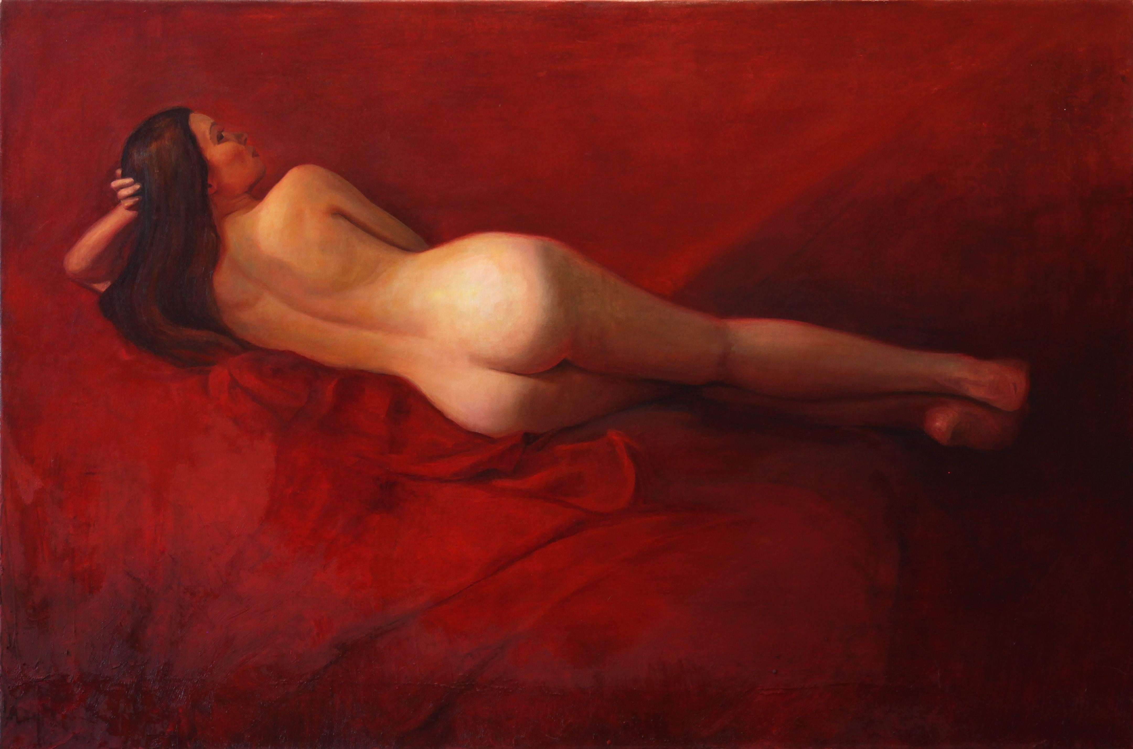 David Molesky Nude Painting - Red Lounge - Scout / oil on canvas