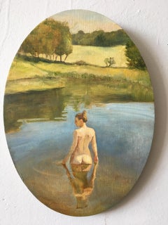 Sara Bathing / oval painting on wood