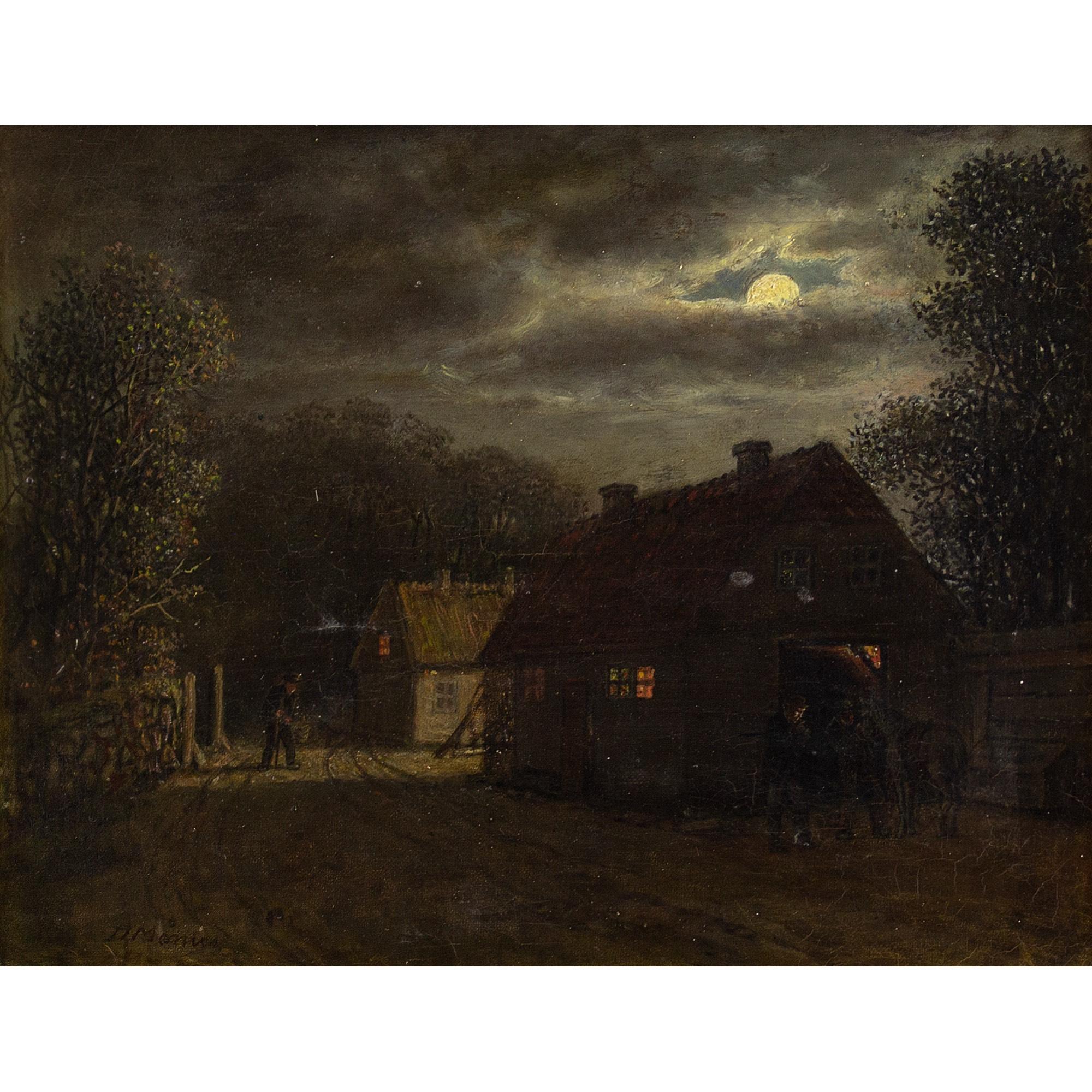 David Monies, Nocturne With Cottages, Oil Painting 1