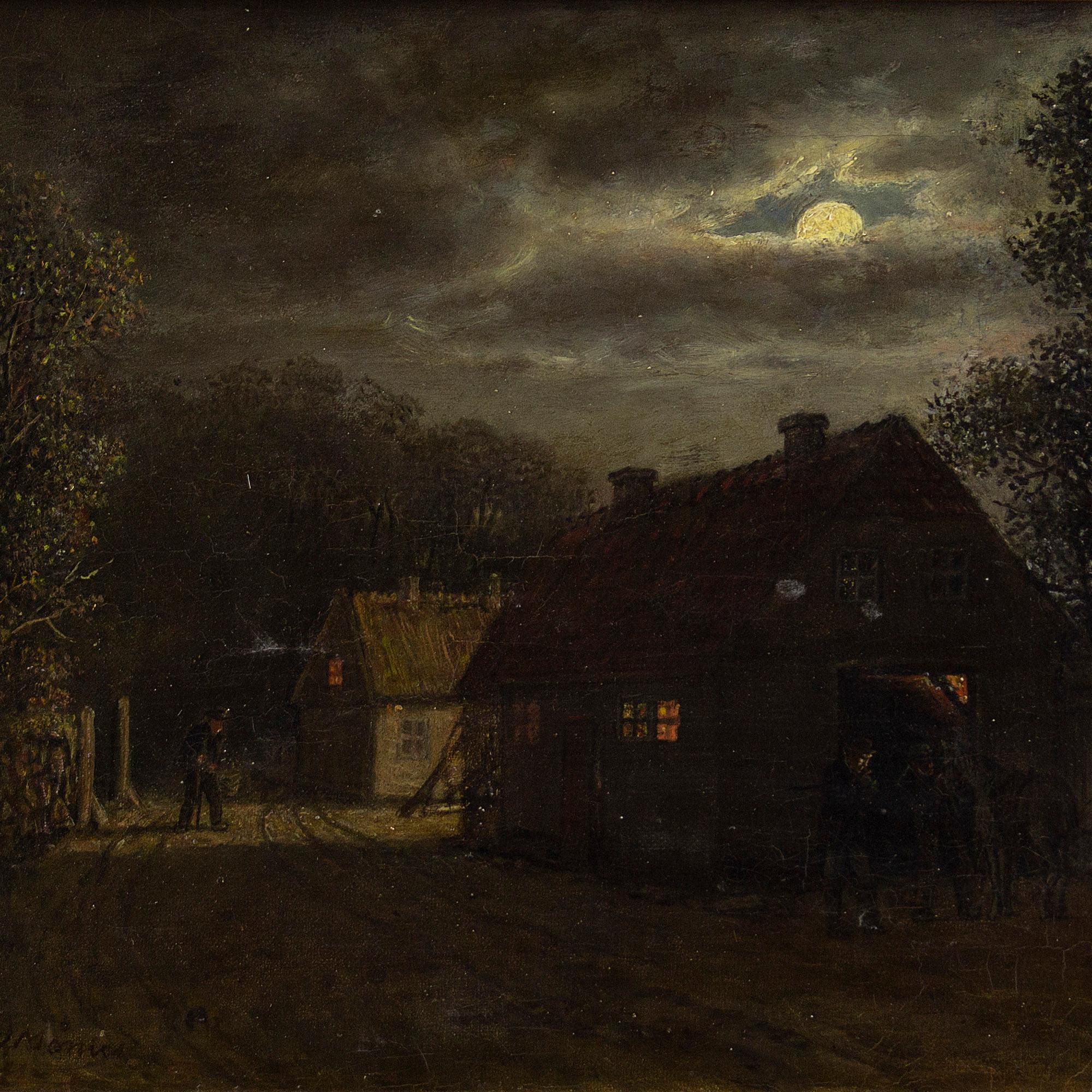 David Monies, Nocturne With Cottages, Oil Painting 2