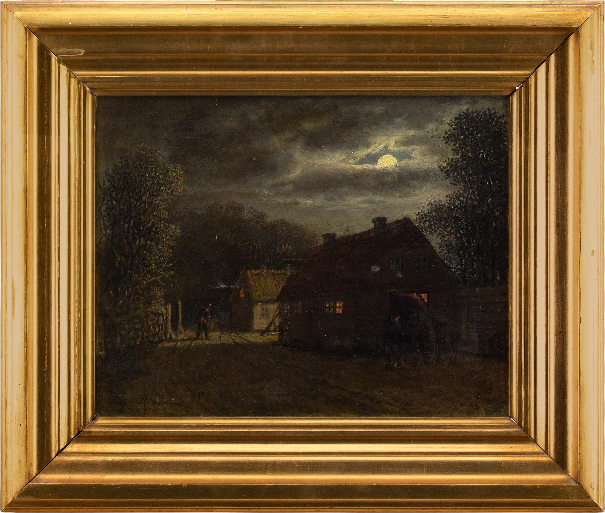 This atmospheric mid-19th-century nocturne by Danish artist David Monies (1812-1894) depicts two cottages under the gentle glow of a partially covered moon. On the right, a man appears to be tending to his horse by an open barn door. While on the