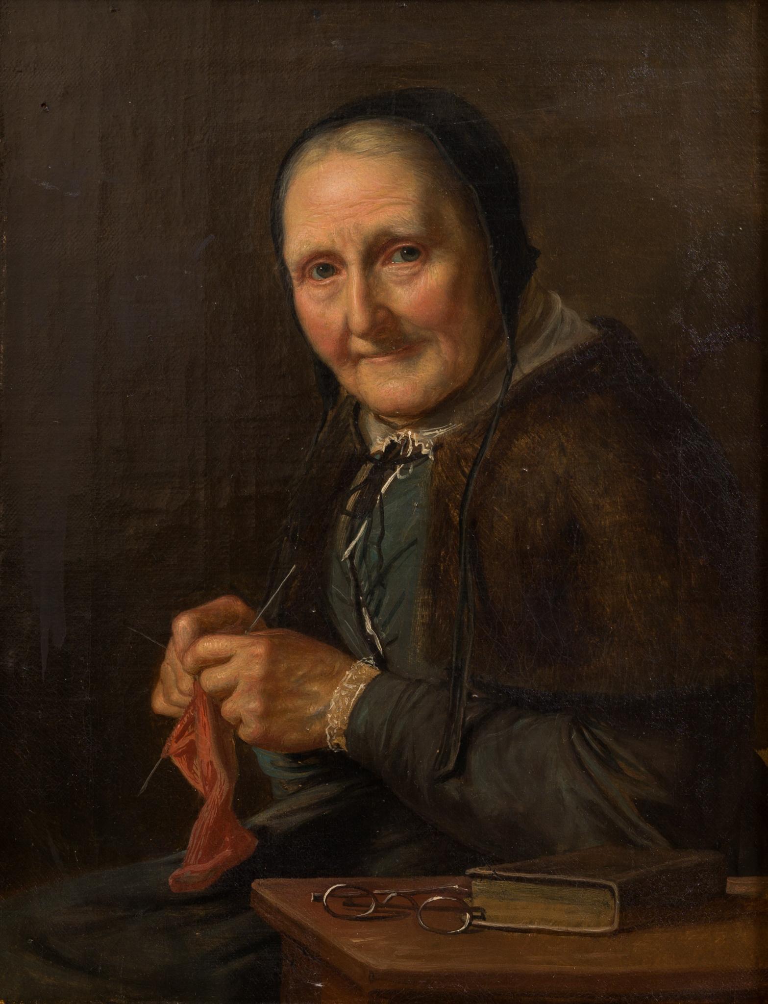 Highly Detailed Oil Painting - Old Woman Knitting Attributed to David Monies  For Sale 2