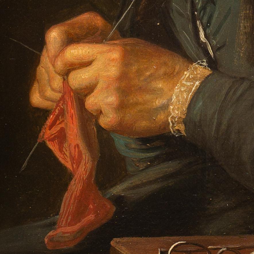 Dipinto a olio altamente dettagliato - Donna anziana che lavora a maglia Attribuito a David Monies 3