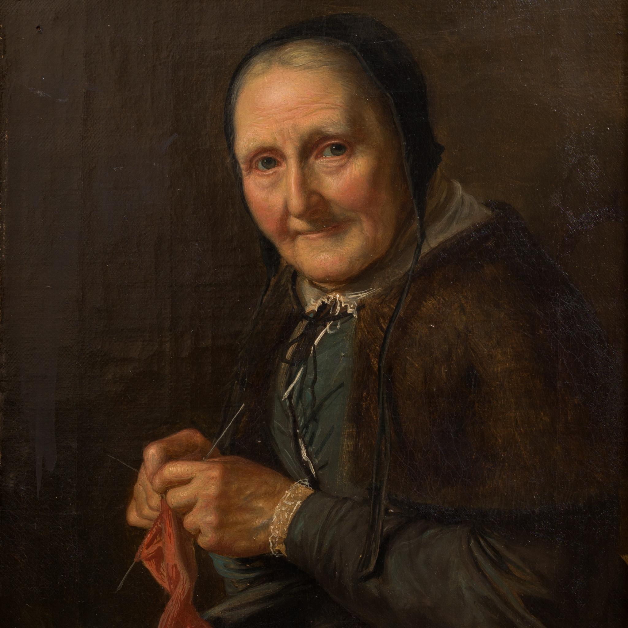 Highly Detailed Oil Painting - Old Woman Knitting Attributed to David Monies  For Sale 4