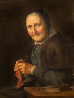 Highly Detailed Oil Painting - Old Woman Knitting Attributed to David Monies 