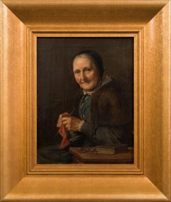 Highly Detailed Oil Painting - Old Woman Knitting Attributed to David Monies
