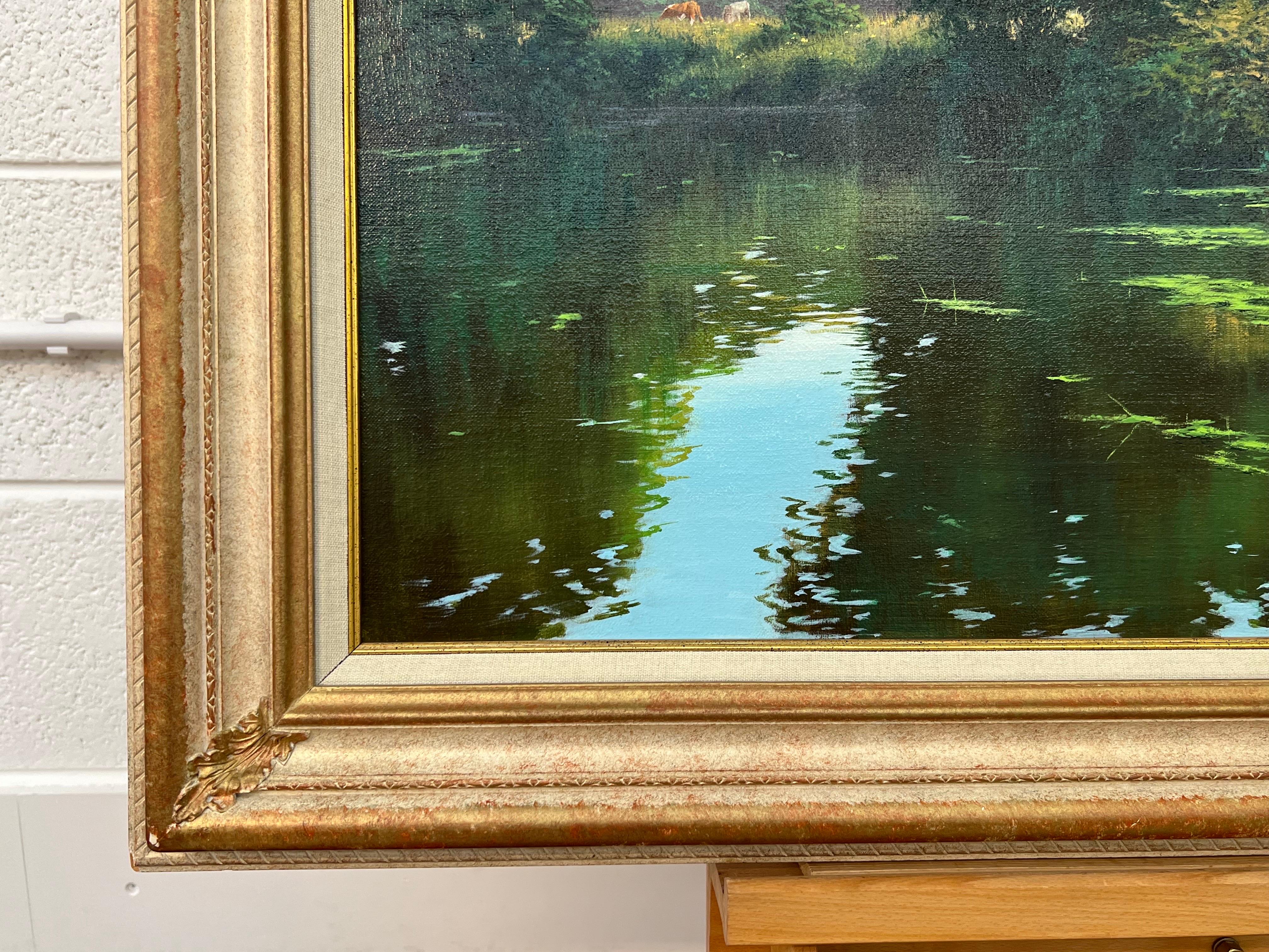 Idílica escena de paisaje fluvial con ganado y cabaña de paja de un artista británico 5