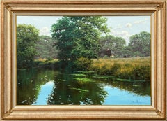 Vintage Idyllic River Landscape Scene with Cattle & Thatched Cottage by British Artist