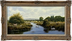 Lush Green Serene River Landscape Scene with Swans and Sheep by British Artist