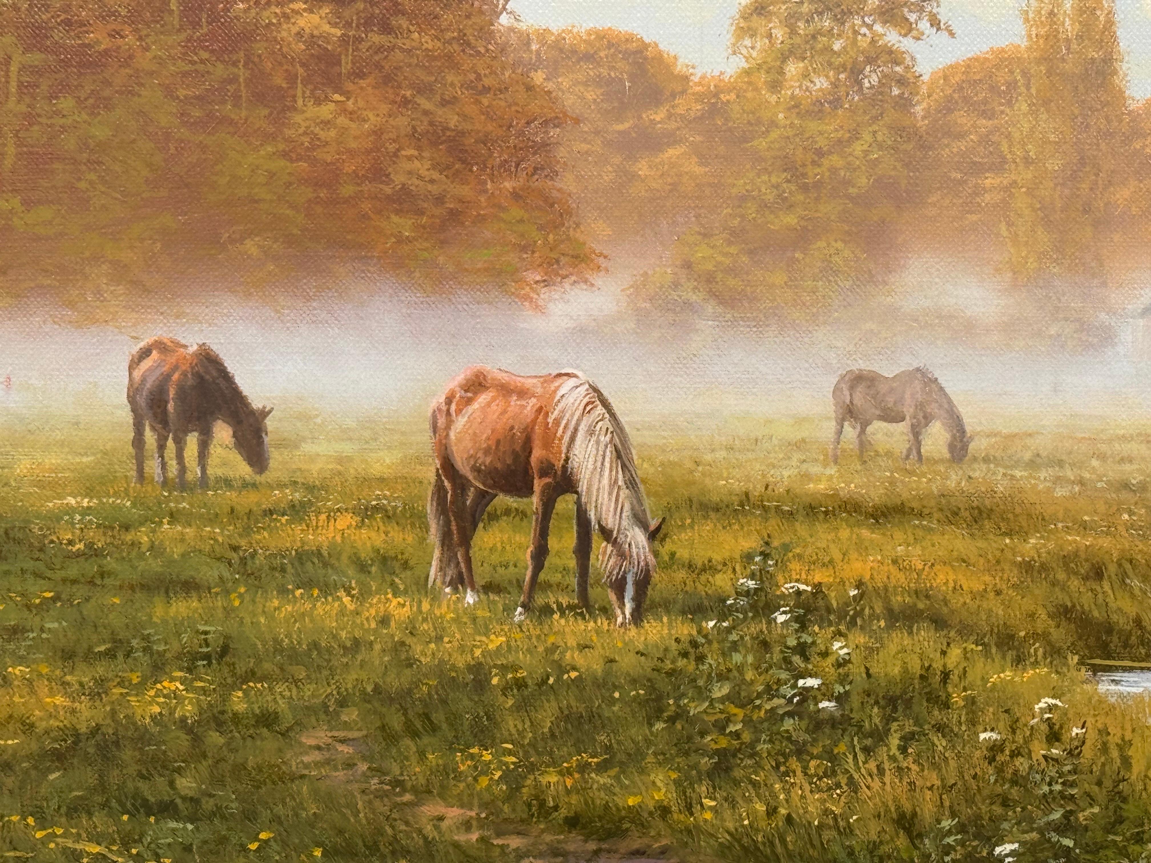 Flusslandschaft mit Pferden in der englischen Landschaft von britischem Künstler im Angebot 5