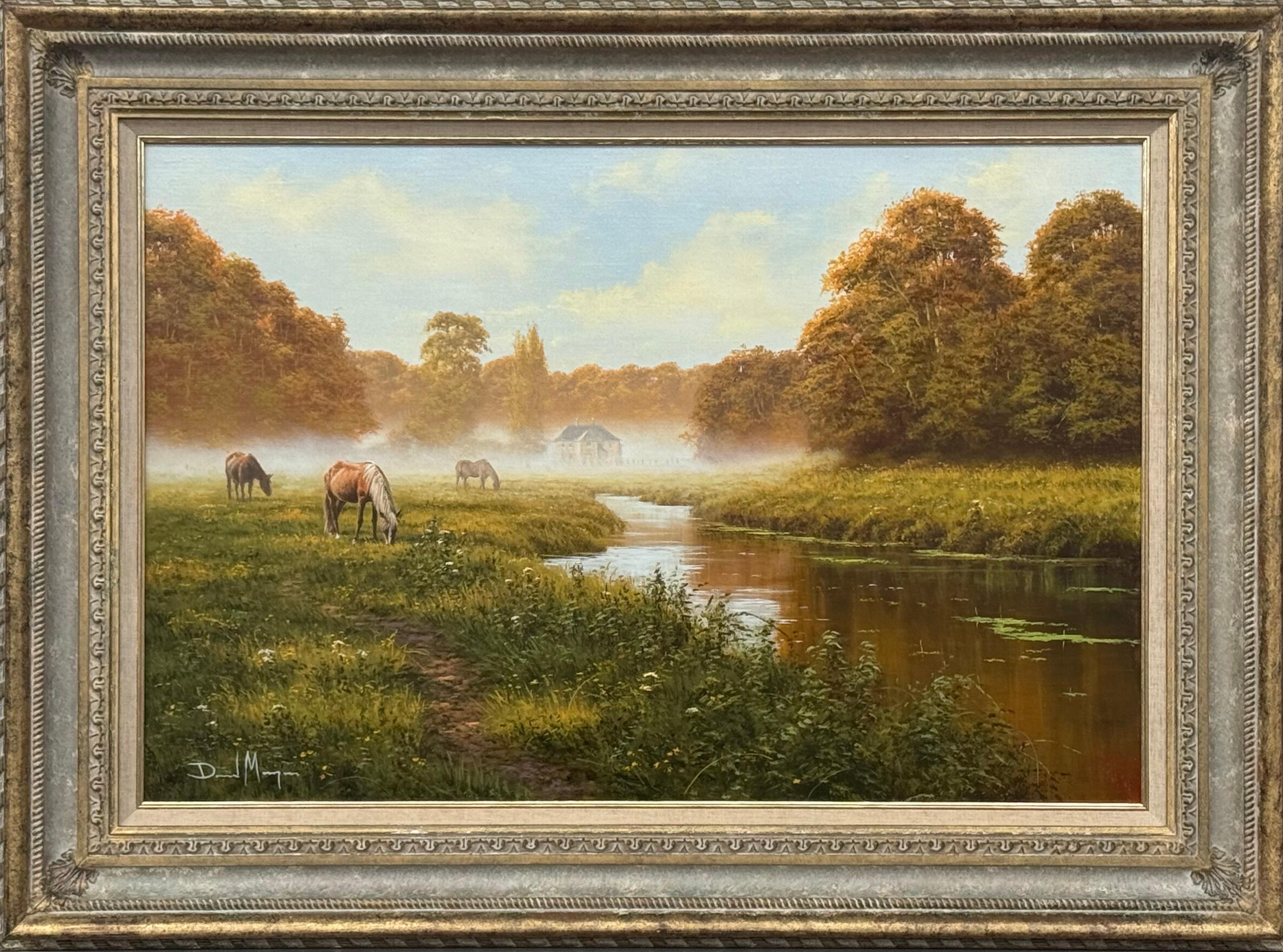 Flusslandschaft mit Pferden in der englischen Landschaft von britischem Künstler im Angebot 7