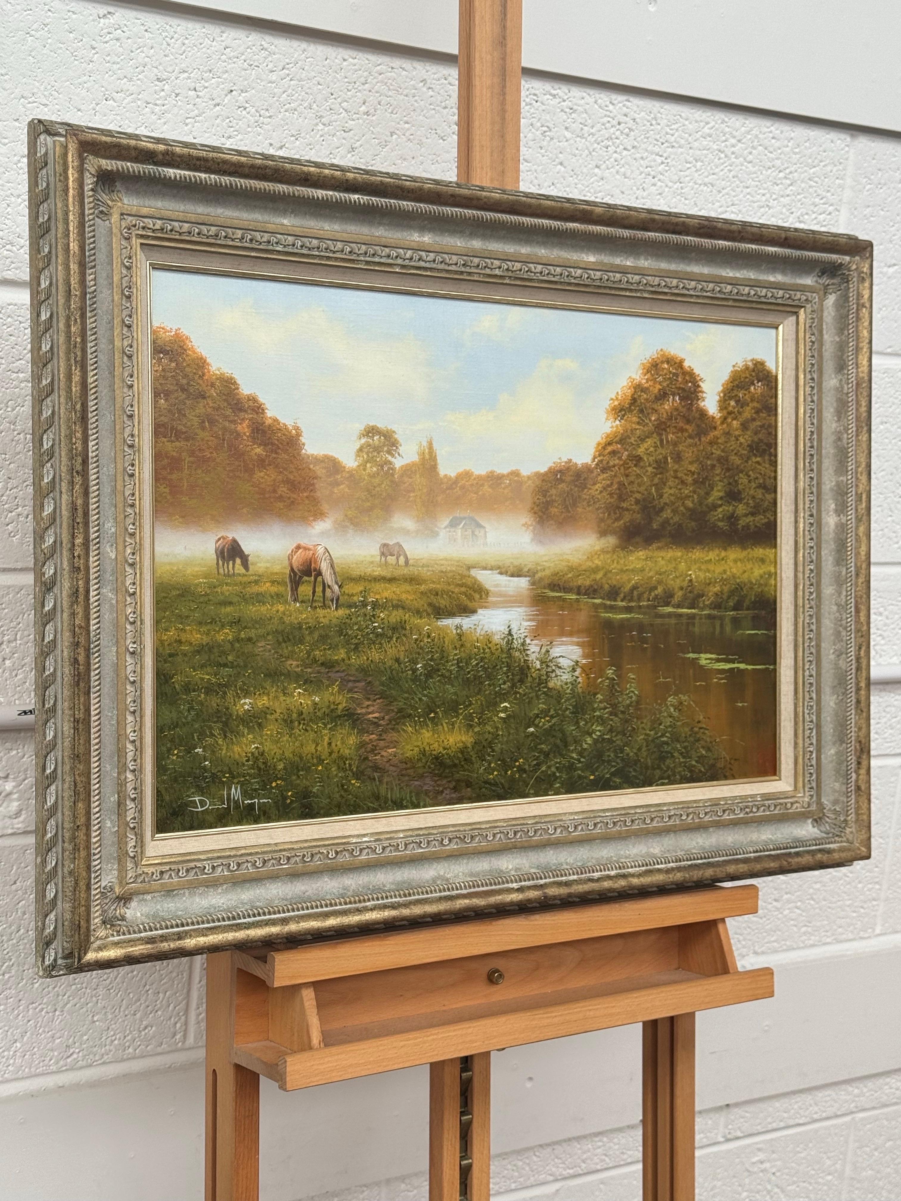 Flusslandschaft mit Pferden in der englischen Landschaft von britischem Künstler – Painting von David Morgan