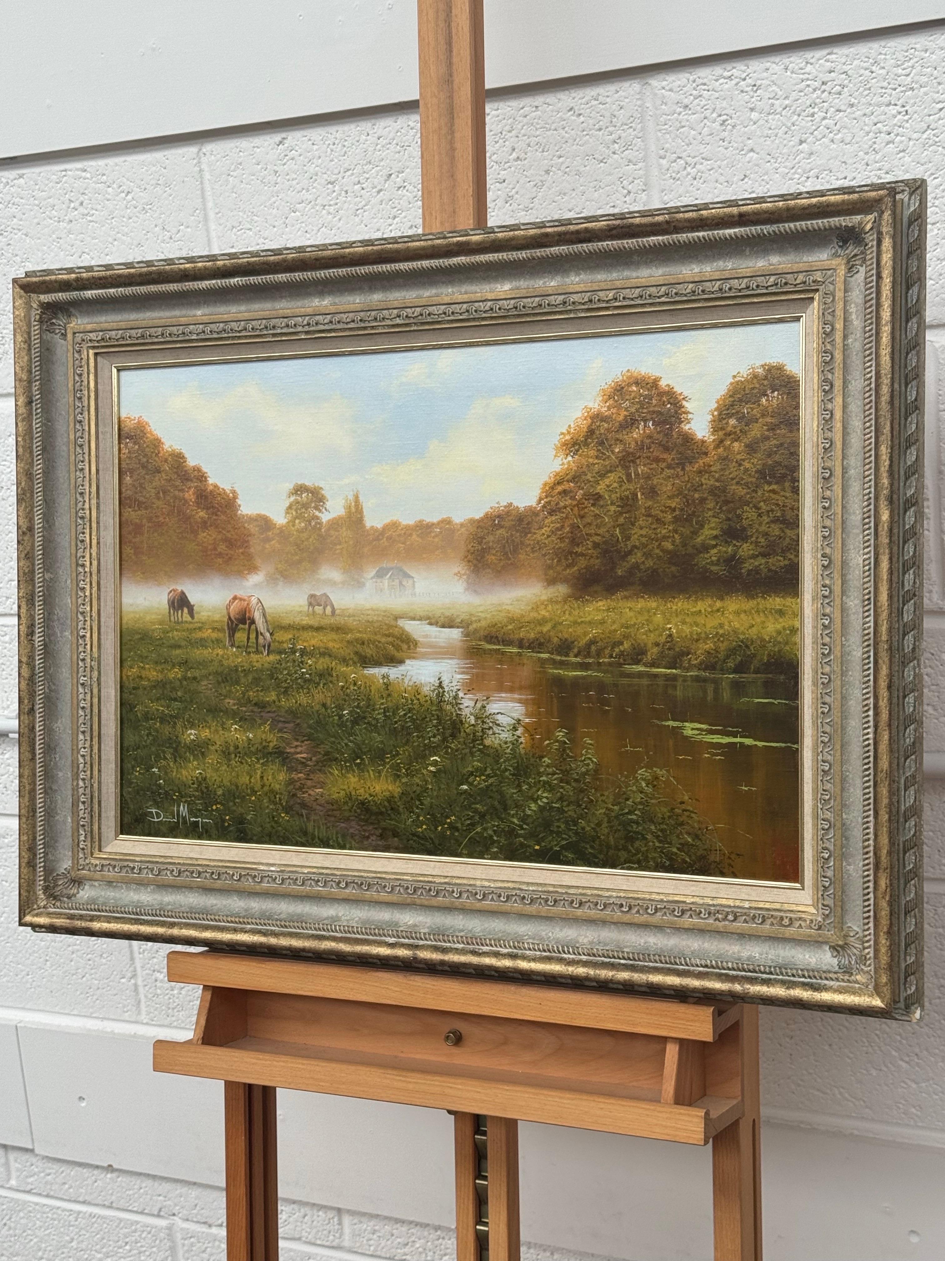 Flusslandschaft mit Pferden in der englischen Landschaft von britischem Künstler (Braun), Landscape Painting, von David Morgan