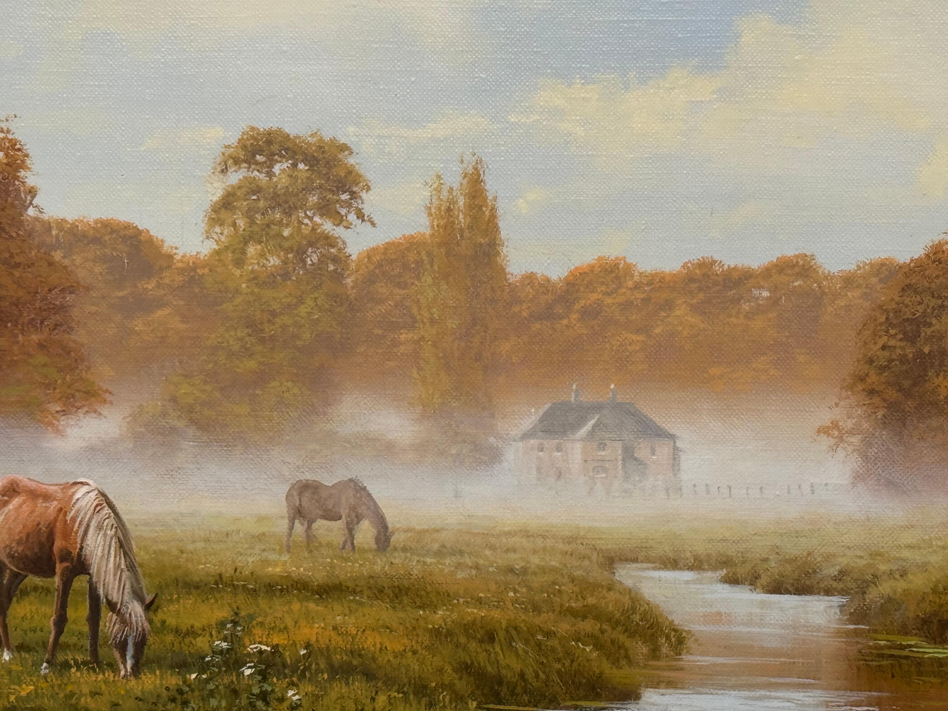 Flusslandschaft mit Pferden in der englischen Landschaft von britischem Künstler im Angebot 3