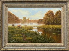 River Landscape Scene with Horses in the English Countryside by British Artist