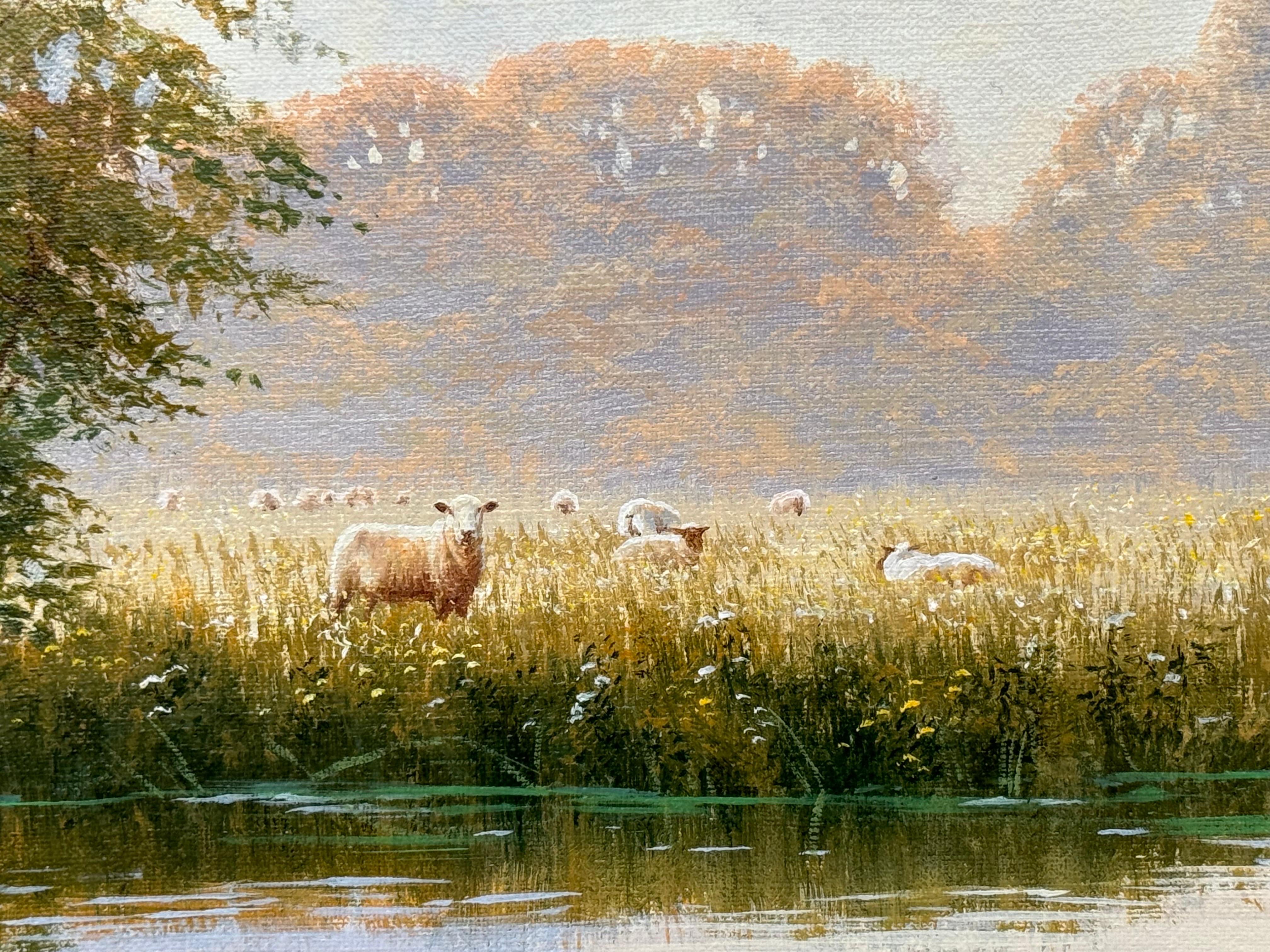 Scène de paysage fluvial avec moutons dans la campagne anglaise par un artiste anglais 7