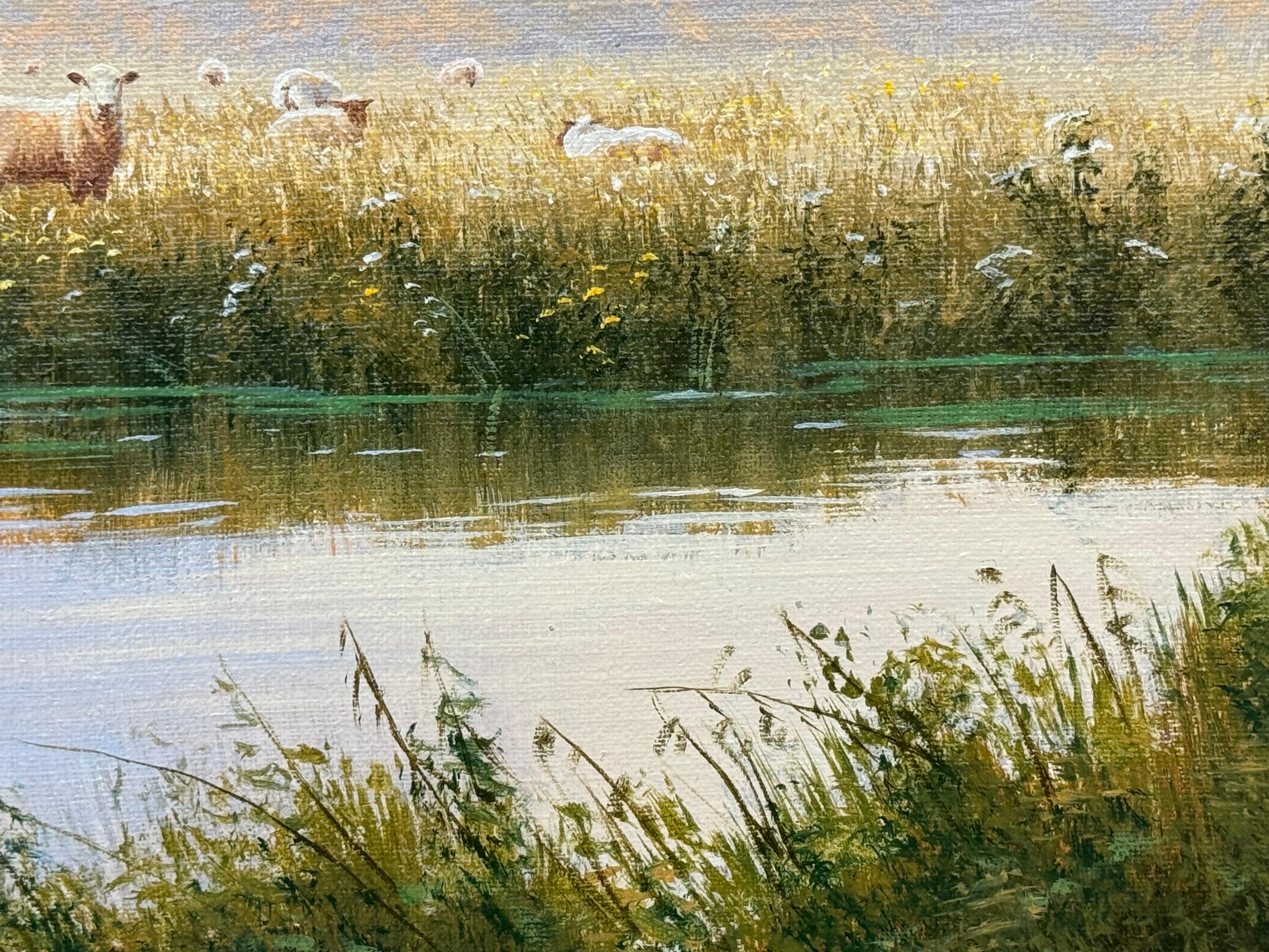 Scène de paysage fluvial avec moutons dans la campagne anglaise par un artiste anglais 8