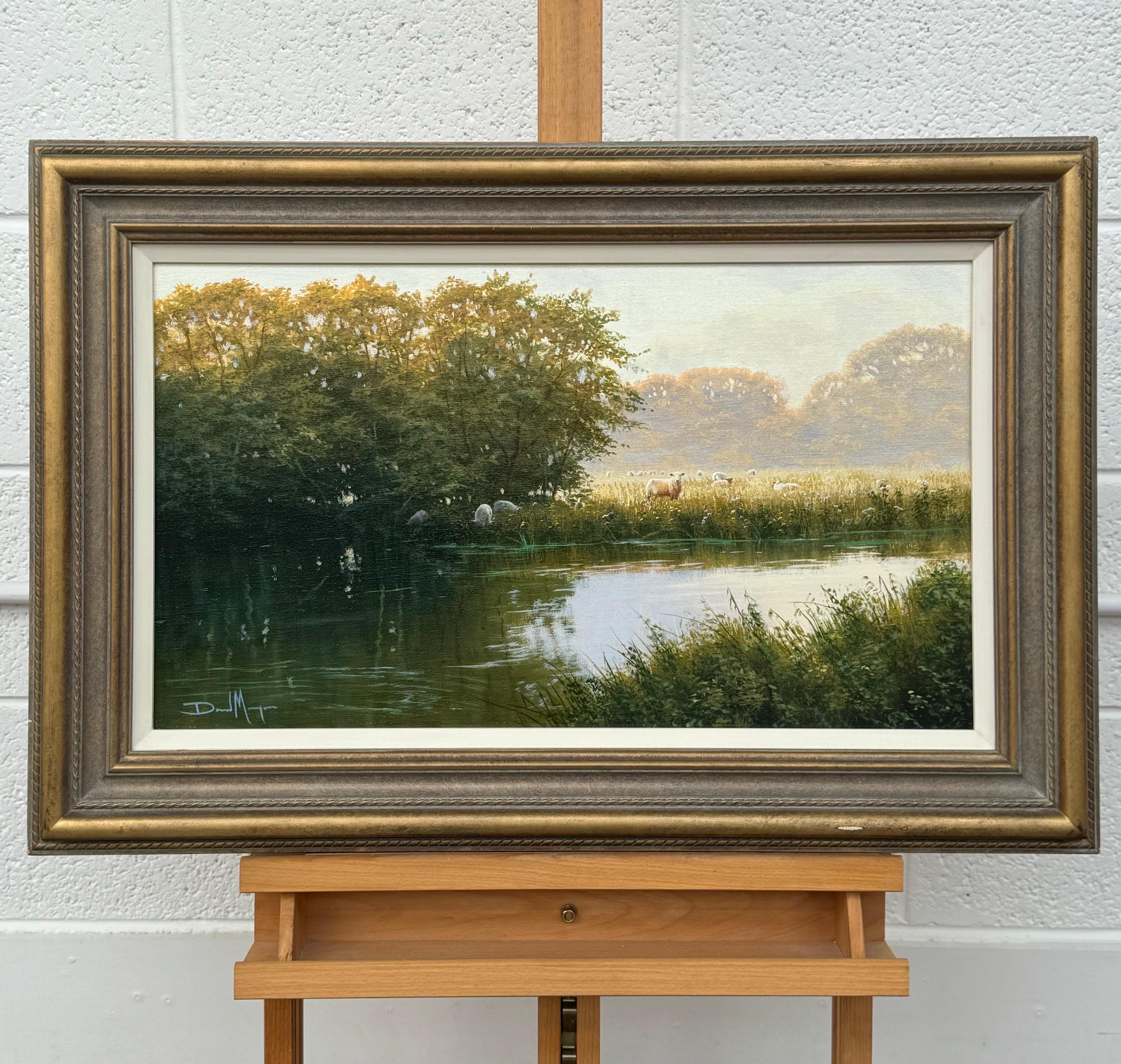 Scène de paysage fluvial avec moutons dans la campagne anglaise par un artiste anglais - Réalisme Painting par David Morgan