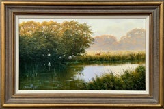 River Landscape Scene with Sheep in the English Countryside by British Artist