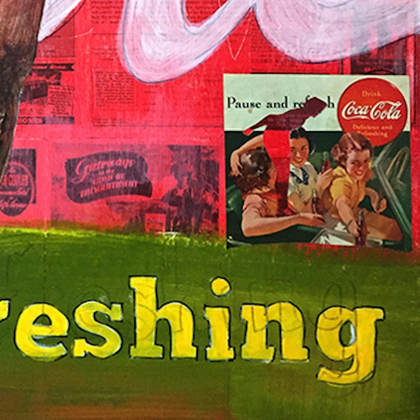 Nostalgic mixed media.  Homage to the vintage Coca Cola.  Vibrant colors.  Narrative background.  

About the artist:

David's paintings have a build-up of layers using different mixed mediums such as: resins, molding, paste, wood, sand, paper and