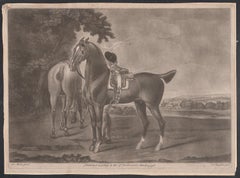 Boy and two horses, English mid C18th Georgian mezzotint engraving, 1756