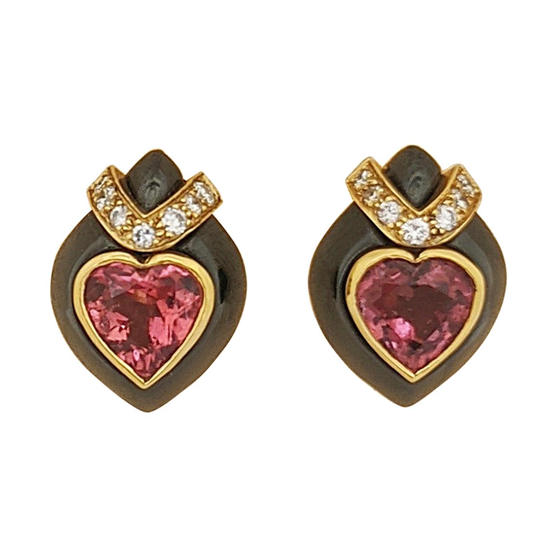 David Morris 18Kt Yellow/Blackened Gold Diamond & Pink Tourmaline Heart Earrings For Sale